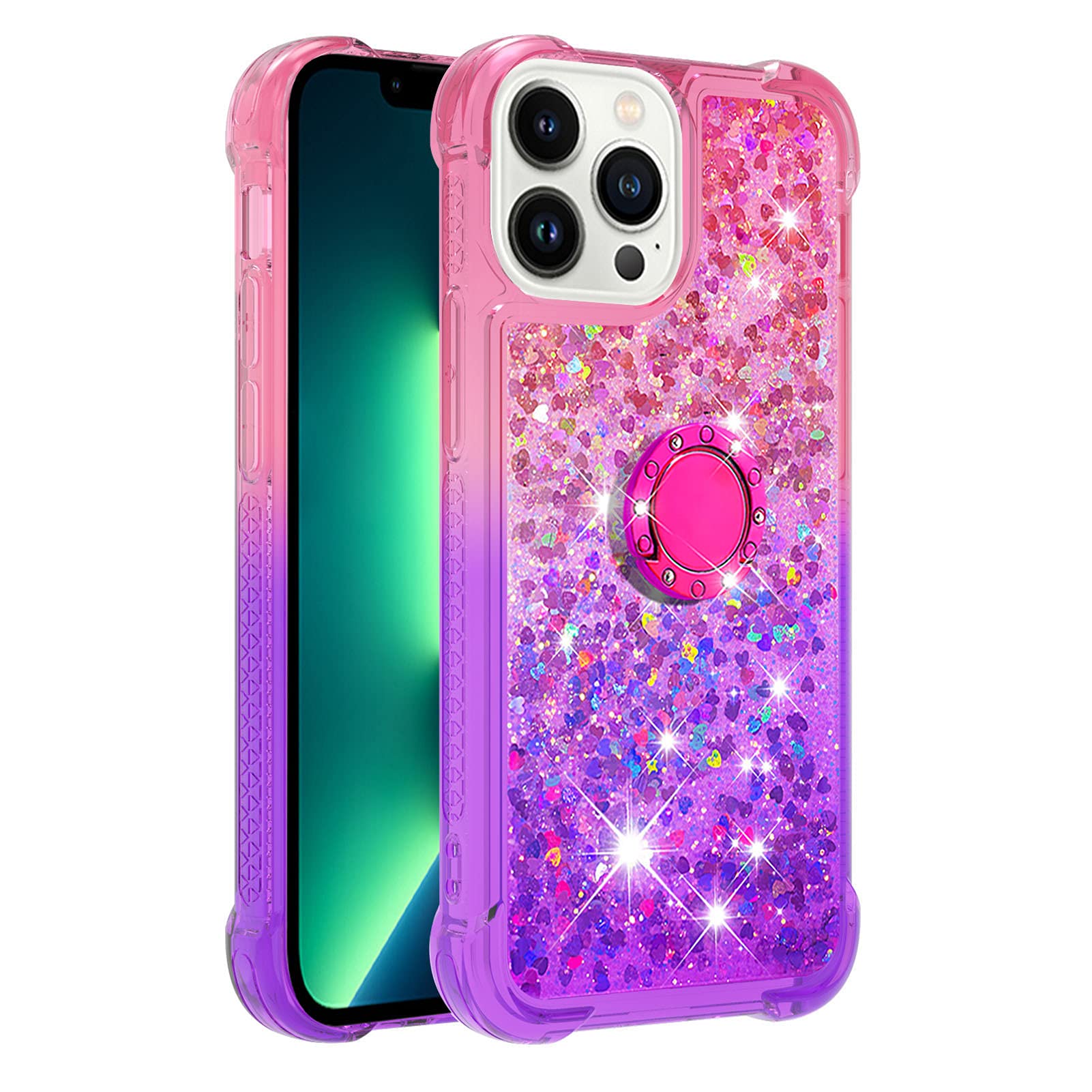 Gradient Quicksand Glitter Bling Floating Ring Kickstand Case for iPhone 13 Pro Max - Shockproof TPU Bumper with Reinforced Corners, Pink-Purple (Perfect for Women, Everyday Use & Travel Protection)