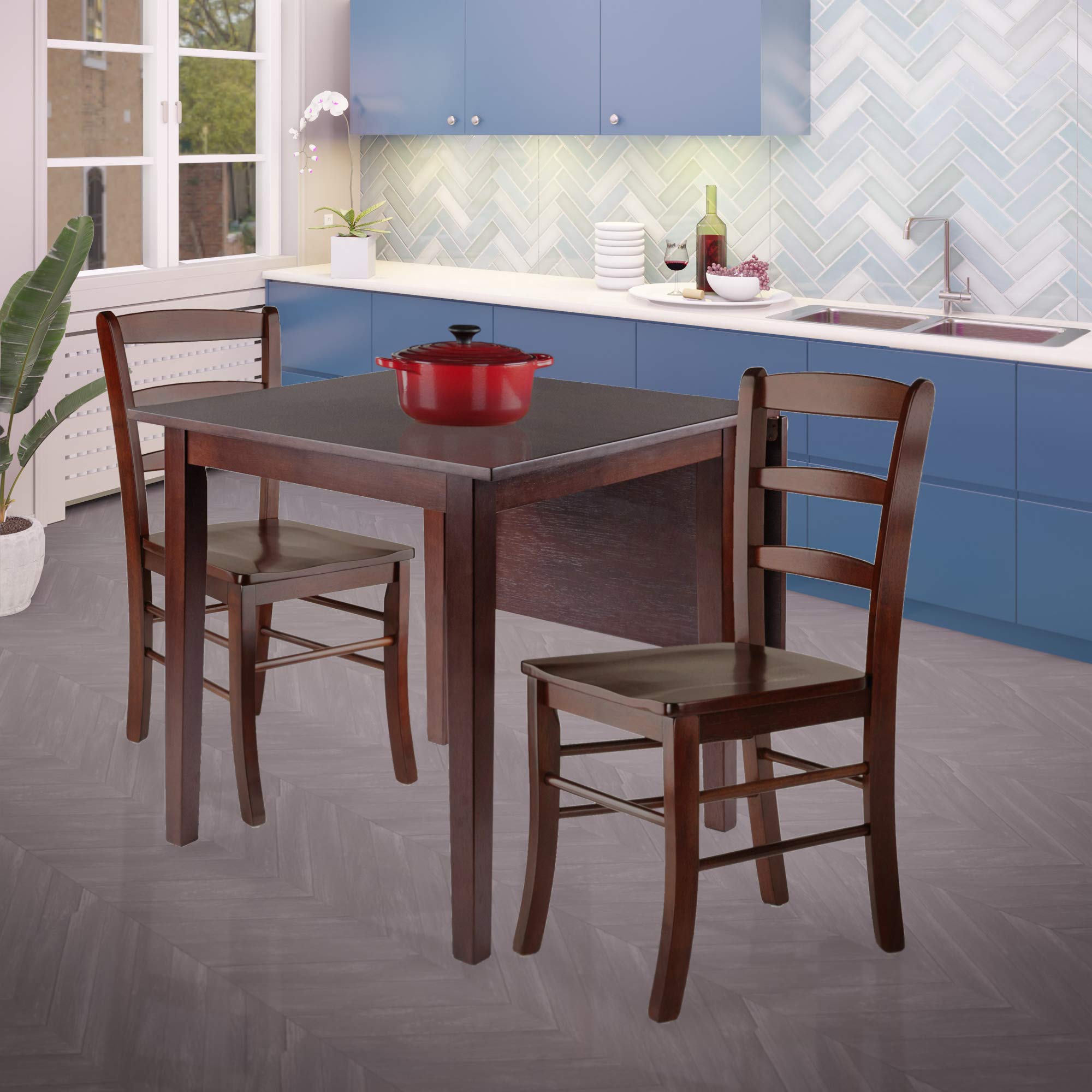Modern Walnut Wood Drop Leaf Dining Table Set with 3 Ladder Back Chairs - 48.25