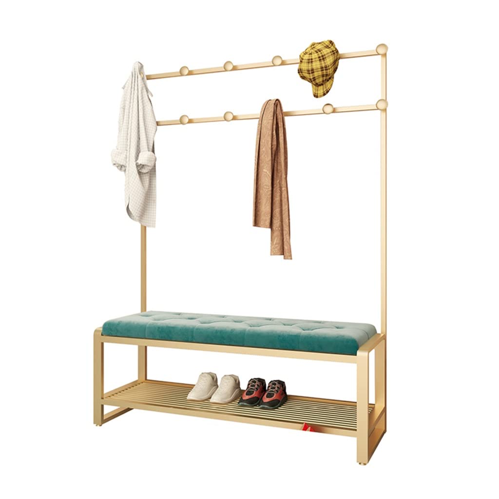 3-in-1 Hall Tree Coat Rack with Shoe Bench & Storage Shelf - Heavy Duty MDF Entryway Organizer with Metal Frame & Hooks (80x47x160cm, Gold Green) - Perfect for Hallway, Bedroom, Dorm & Small Space Entry Storage