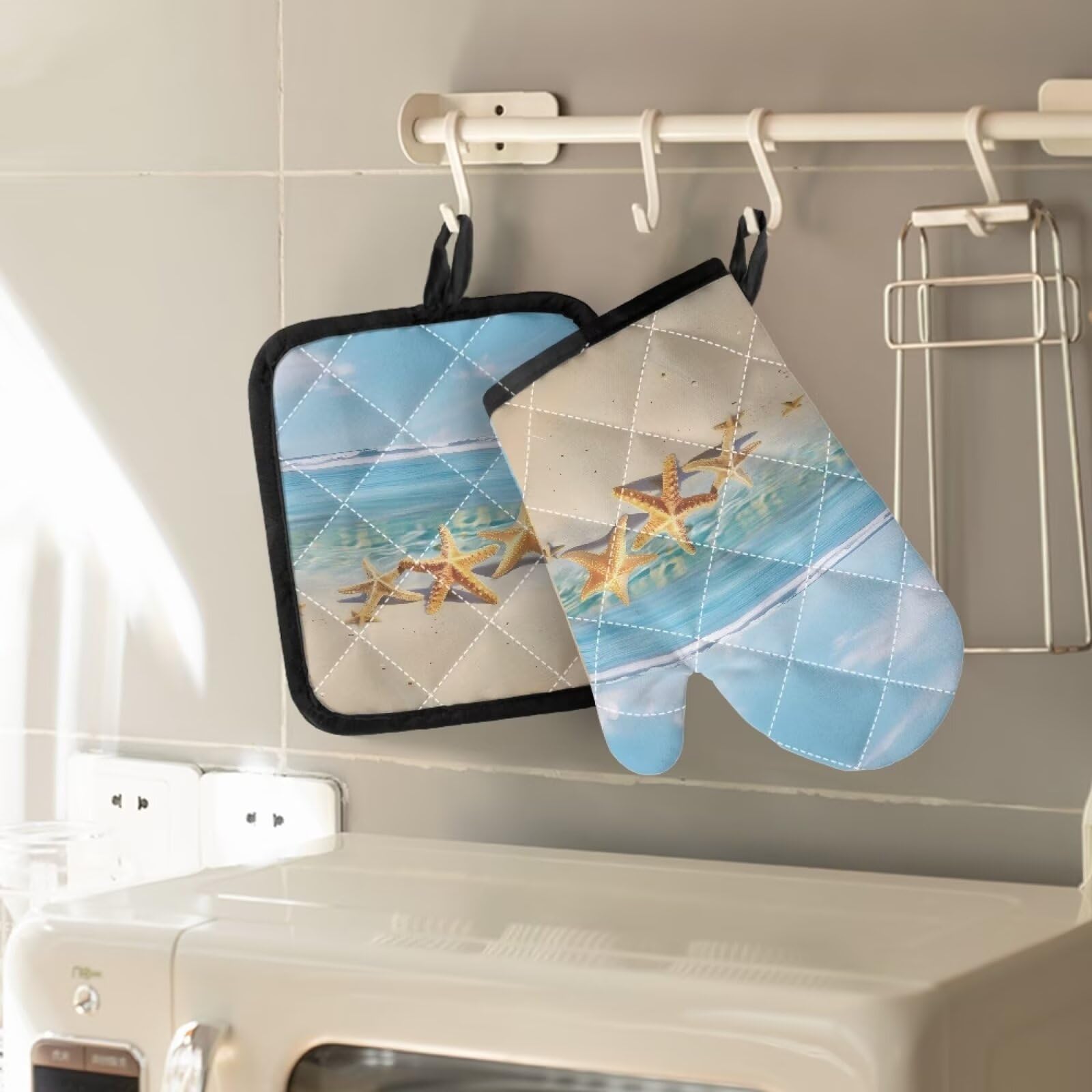 **Heat Resistant Oven Mitts and Pot Holders Set of 2 - Non-Slip Soft Baking Gloves with Beach Starfish Decor for Cooking, BBQ & Kitchen Safety - Perfect for Baking, Grilling & Hot Dish Handling**