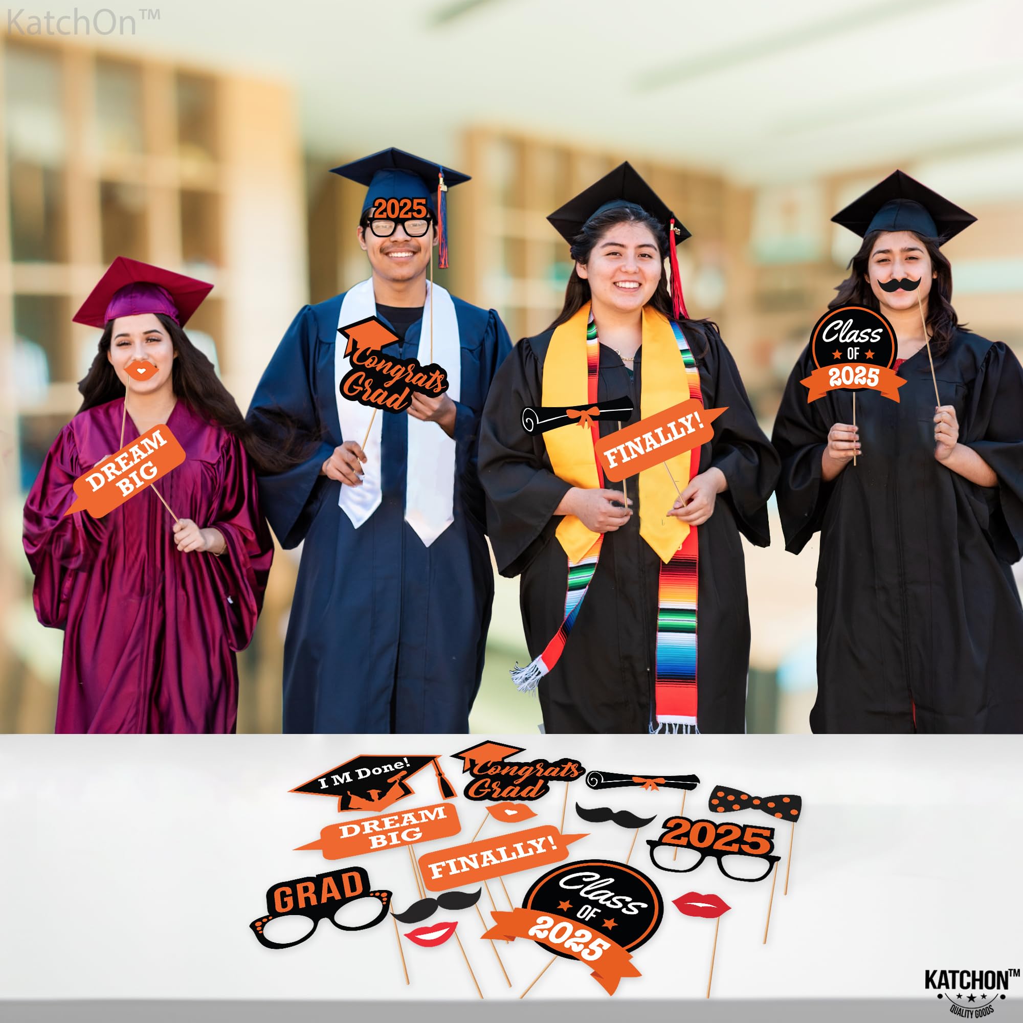 **KatchOn 2025 Graduation Photo Booth Props - Pack of 21 | Orange & Black Graduation Decorations for Class of 2025 | Perfect for Graduation Parties, Photo Booths & School Events**