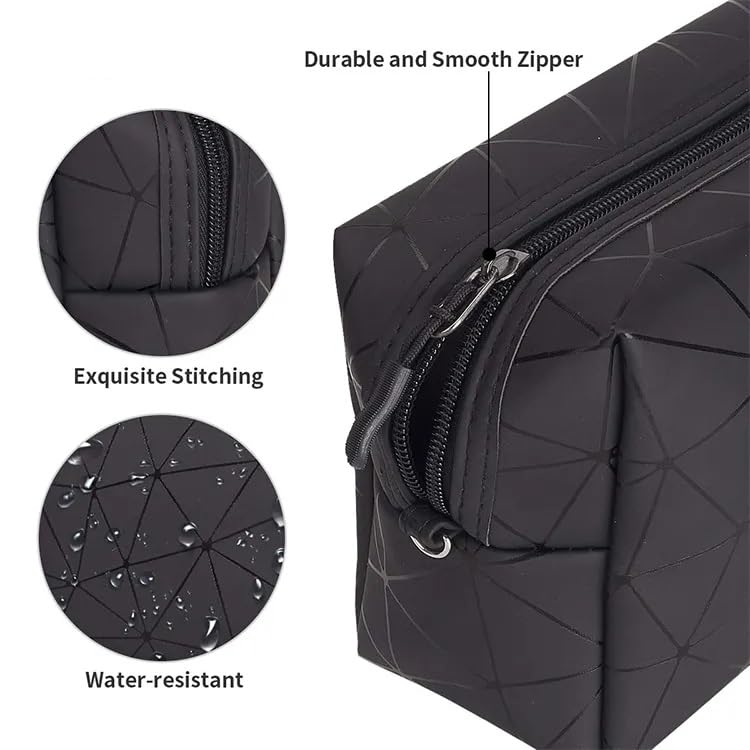 WANQLYN Designer Cosmetic Bag - Waterproof PU Leather Makeup Pouch with Zipper, Geometric Toiletry Storage Organizer for Women & Girls (Black) | Perfect for Travel, Gym, Daily Essentials & Gift Giving