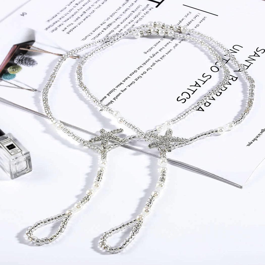 Beaded Pearl Barefoot Sandals & Starfish Ankle Bracelets - 2PCS Bohemian Layered Anklet Foot Chain Jewelry for Women | Perfect for Beach Weddings, Summer Vacations and Boho Fashion Accessories