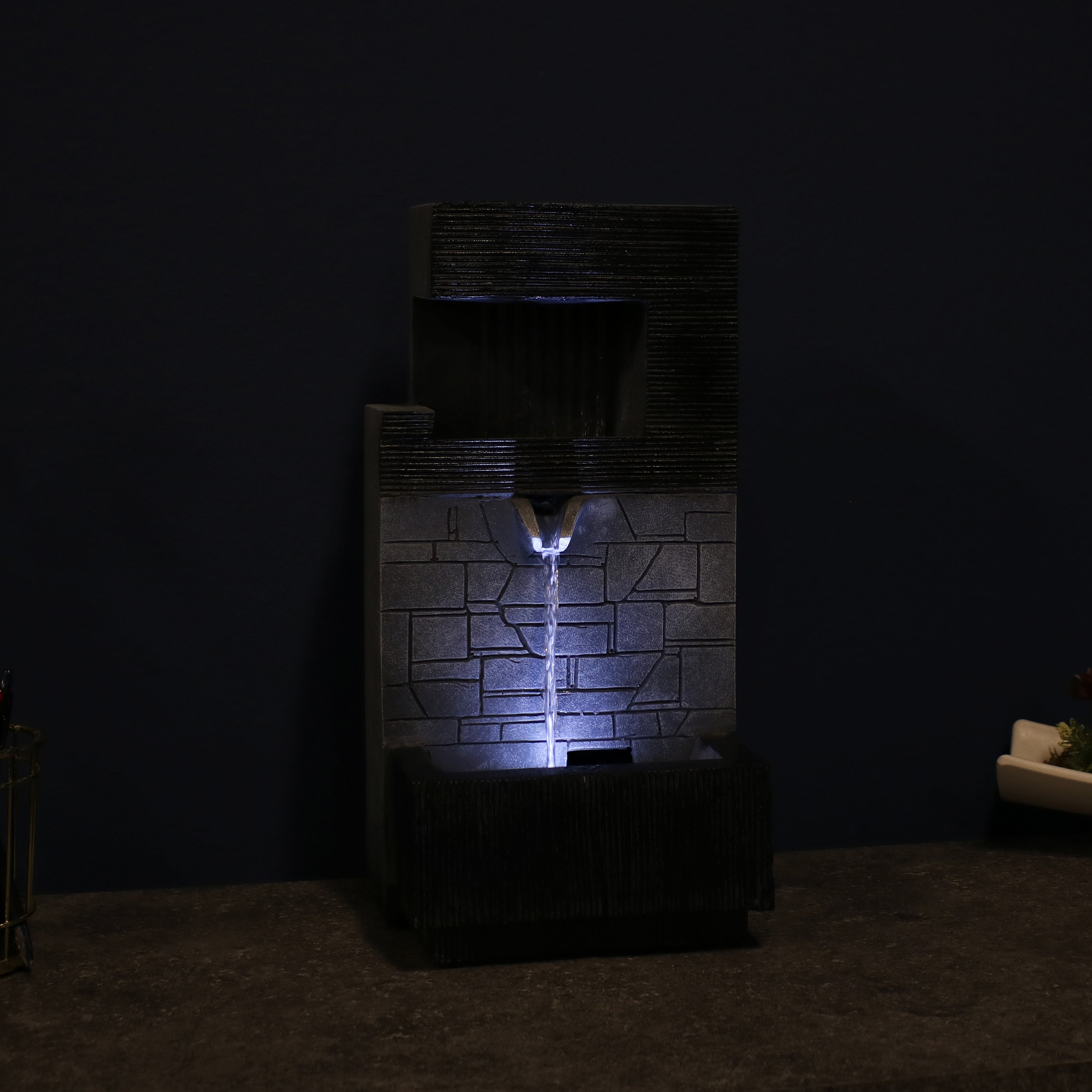 Sunnydaze Decorative Brick Wall Modern Tabletop Fountain with LED Lights - Indoor Zen Water Feature for Home, Office, or Garden Relaxation