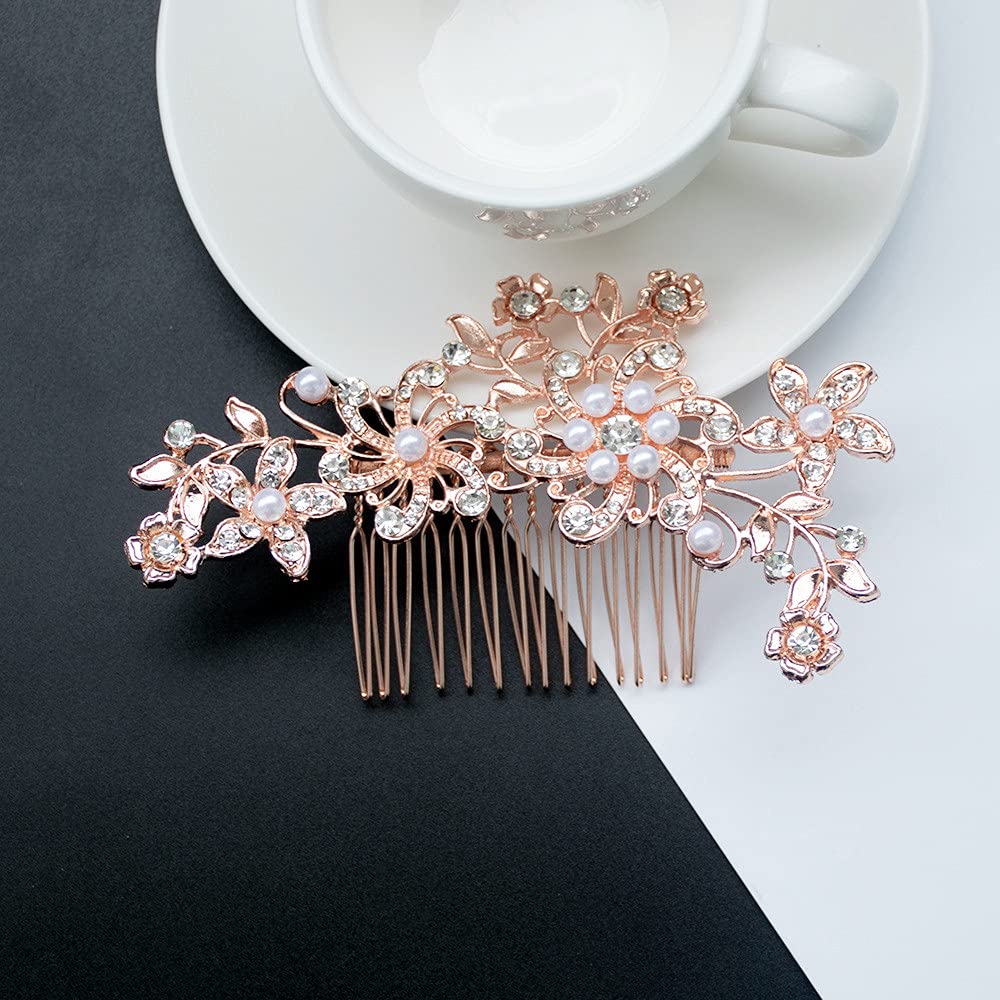 Rose Gold Bridal Hair Combs with Pearls & Rhinestones - 4pc Set for Weddings & Parties