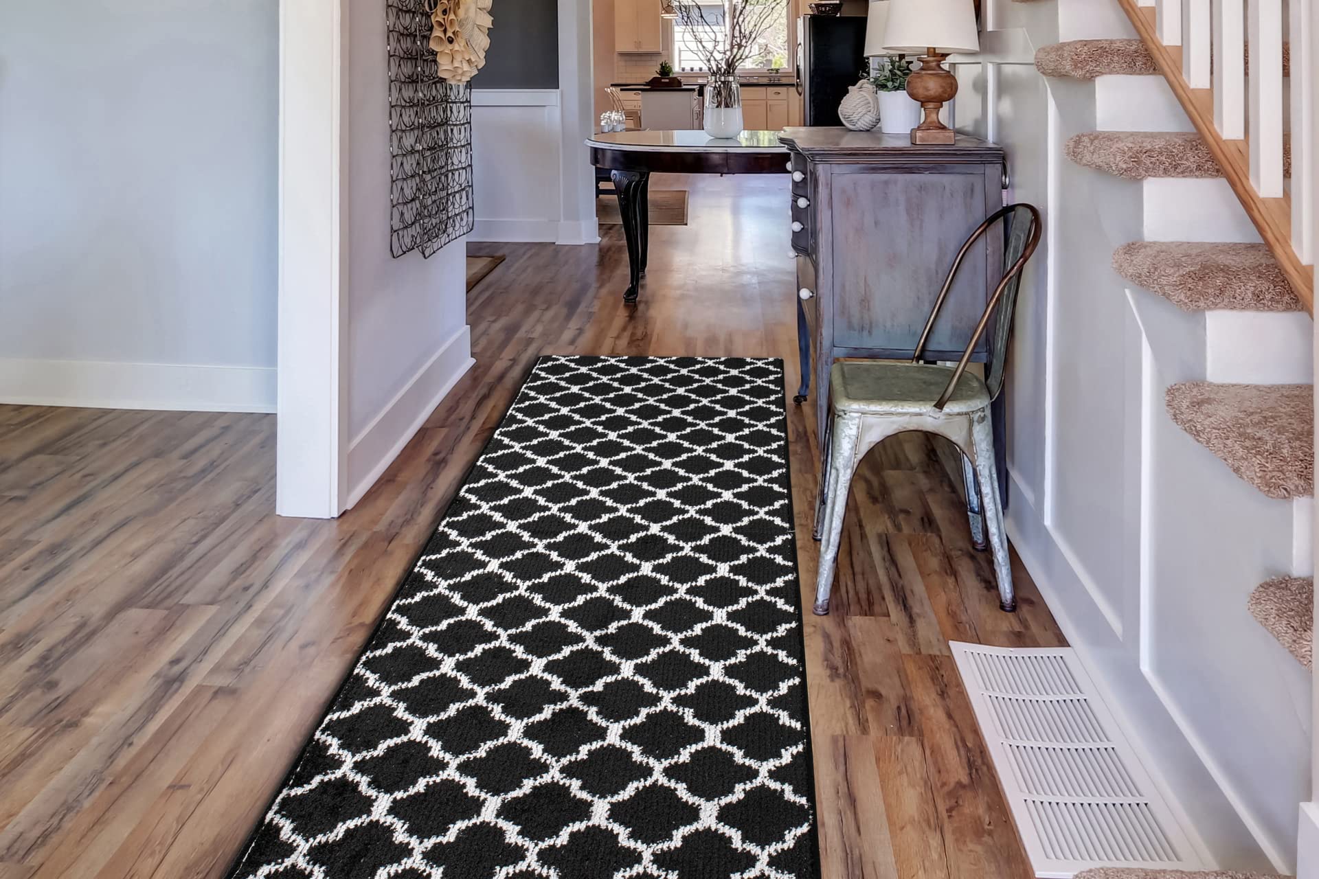 Non-Slip Narrow Hallway Runner Rug 8 ft - Rubber Backed for Enhanced Grip on Hardwood & Tile Floors - Pet Friendly Easy Care Washable - Trellis Lattice Black Design - Perfect for Entryways, Stairs & High Traffic Areas