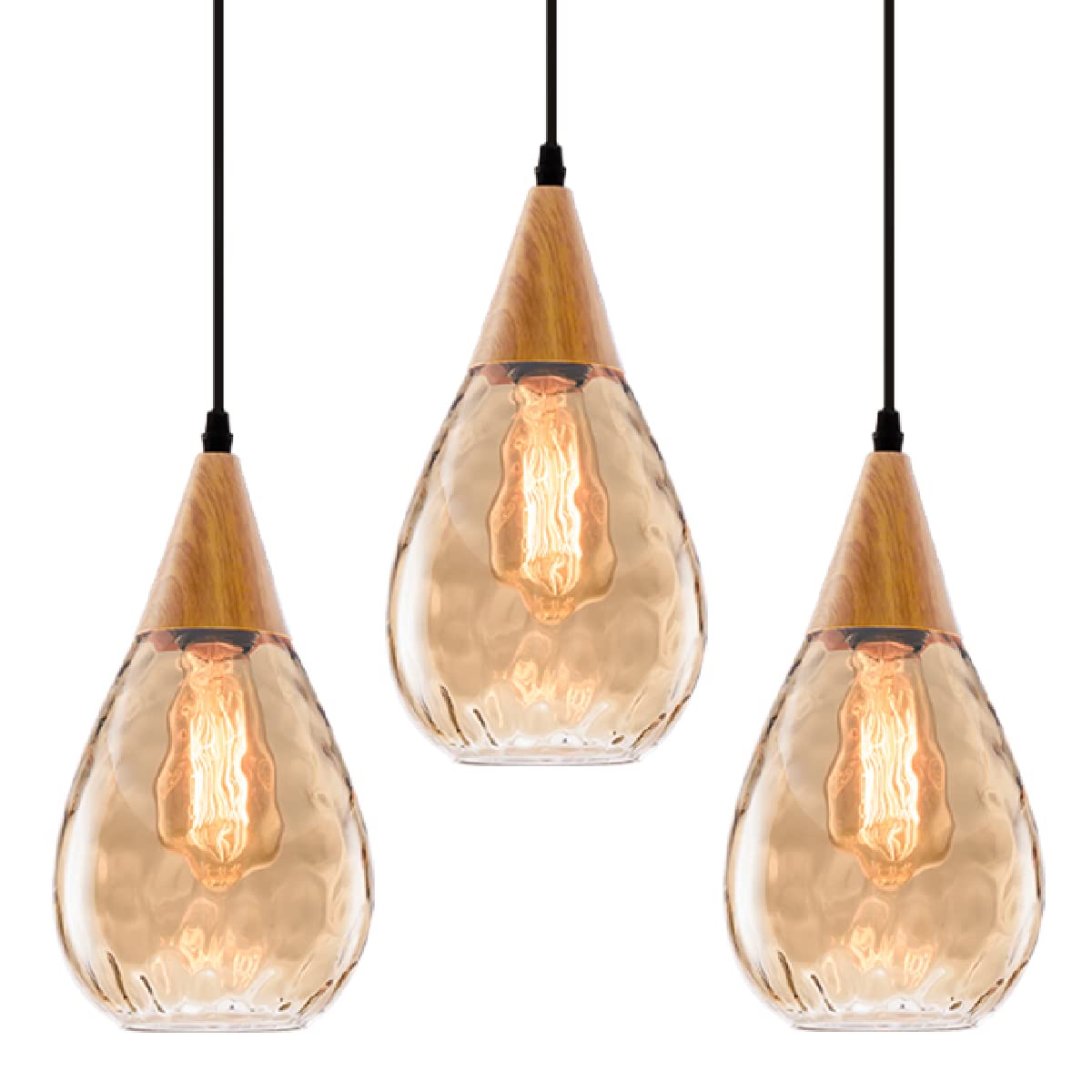 3 Pack Adjustable Pendant Lights with Teardrop Glass Shades - Modern Nylon Cord Hanging Ceiling Fixture for Kitchen Island, Dining Room, Coffee Bar & Workspace (Bulb Not Included) | Perfect for Farmhouse, Industrial & Contemporary Home Decor