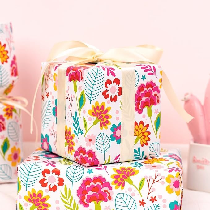 Floral Gift Wrapping Paper with Ribbons - 10 Sheets Multicolor Present Wrapping Paper for Birthdays, Baby Showers, Weddings & Holidays | Perfect for Gift Bags, Boxes & DIY Crafts
