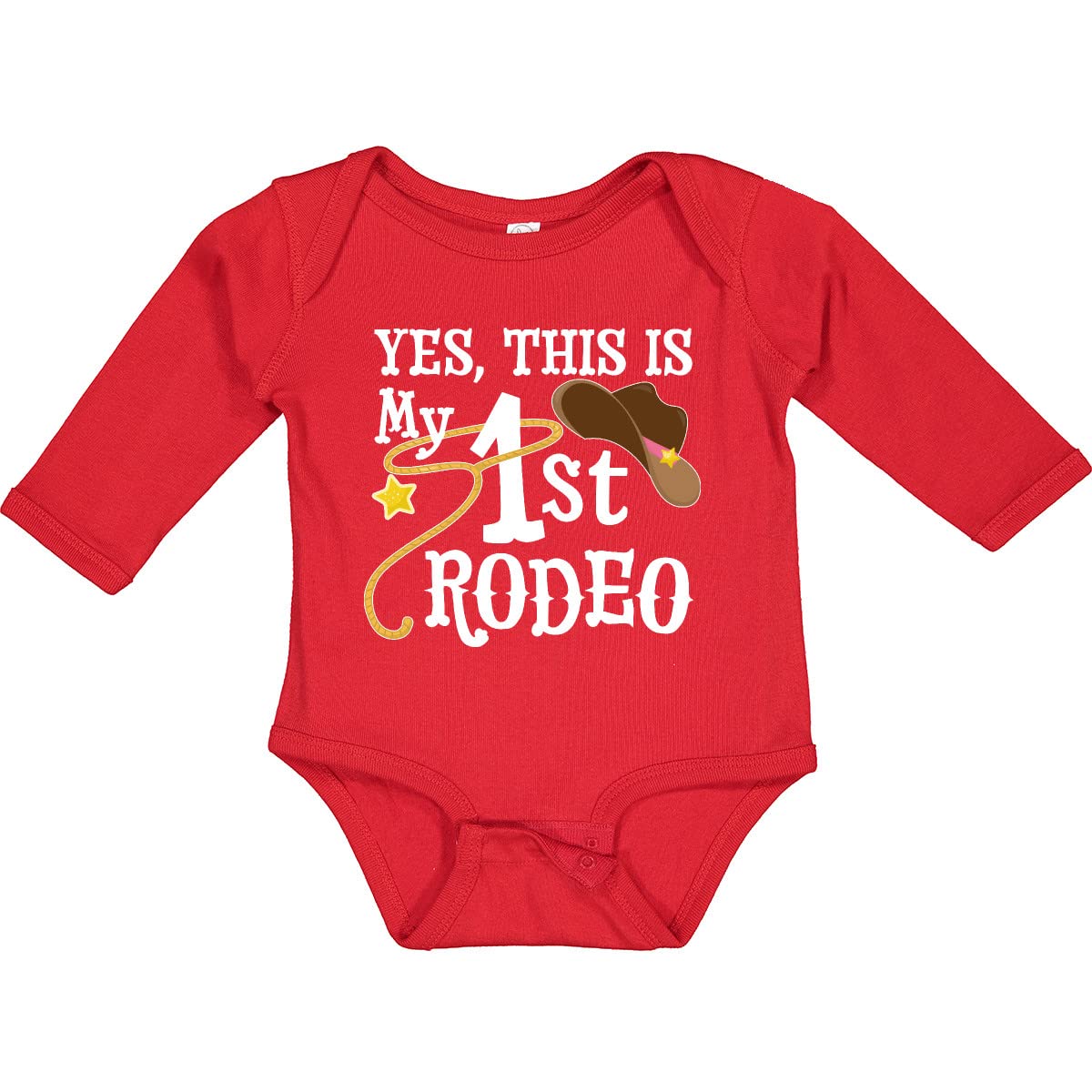 Inktastic 'Yes, This Is My 1st Rodeo' Cowboy Hat & Lasso Print Long Sleeve Baby Bodysuit - Western Theme Outfit for Infants, Perfect for Rodeo Events, Cowboy Parties & Western Photo Shoots
