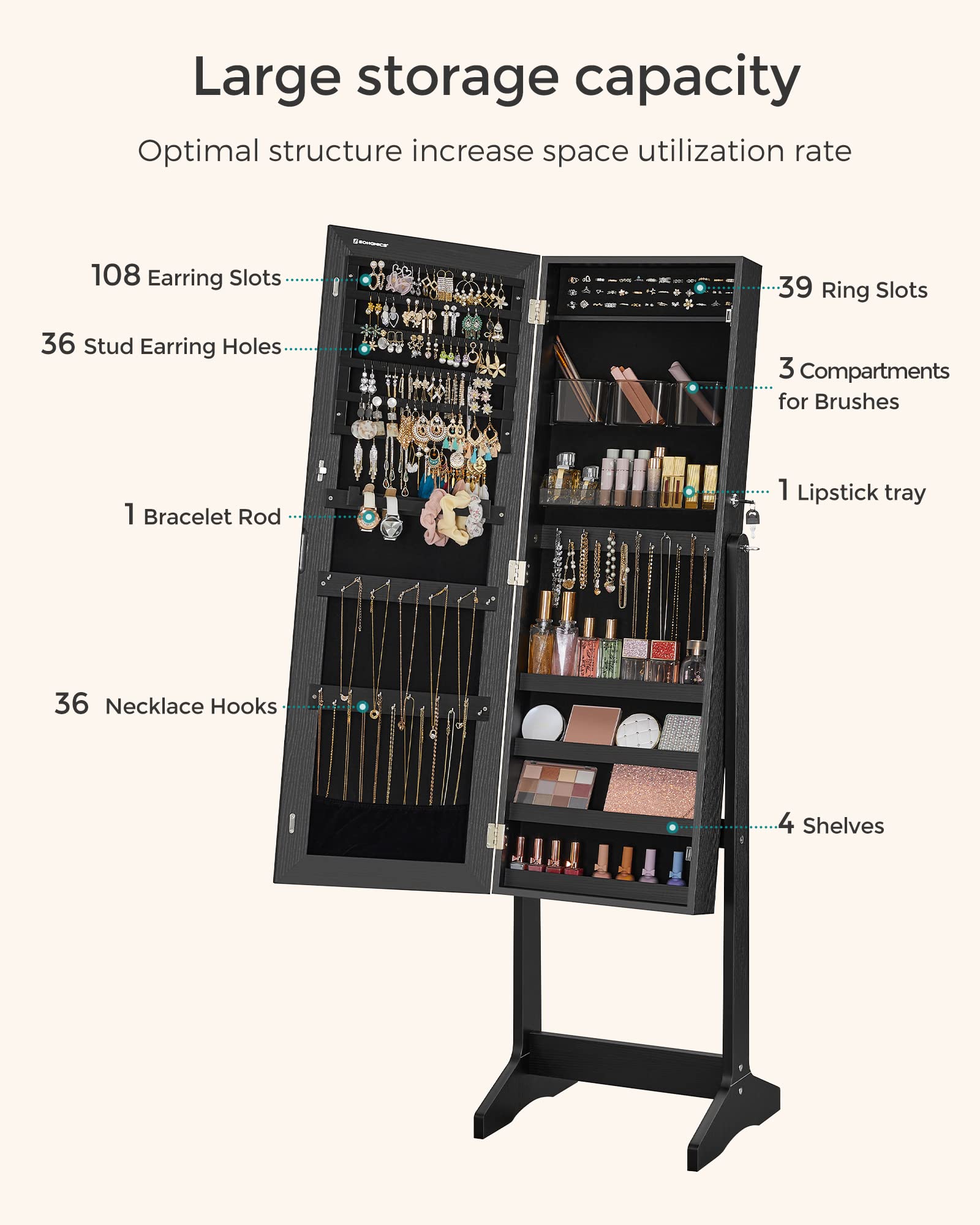 SONGMICS Jewelry Cabinet Armoire with Mirror - Freestanding Lockable Jewelry Organizer with 2 Cosmetic Drawers, Full-Length Mirror for Necklaces, Earrings, Rings & Bracelets - Perfect for Bedroom, Closet or Dressing Room (Black UJJC002B01)