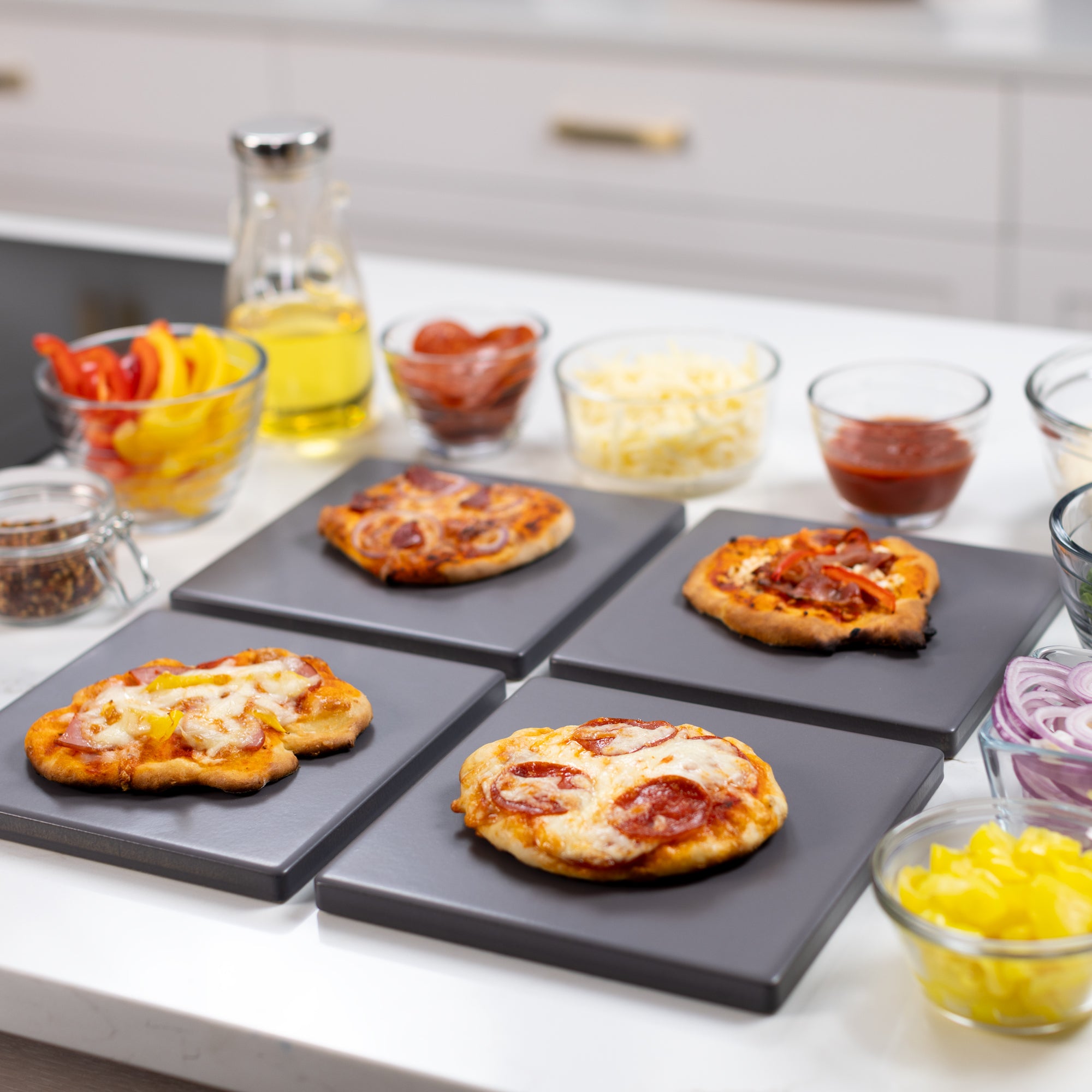 Premium 4-Piece Glazed Cordierite Square Pizza Stone Set - 7.5x7.5 Inch Grey Baking Stone for Perfect Homemade Pizza, Bread & Pastry - Ideal for Oven, Grill & Outdoor Cooking