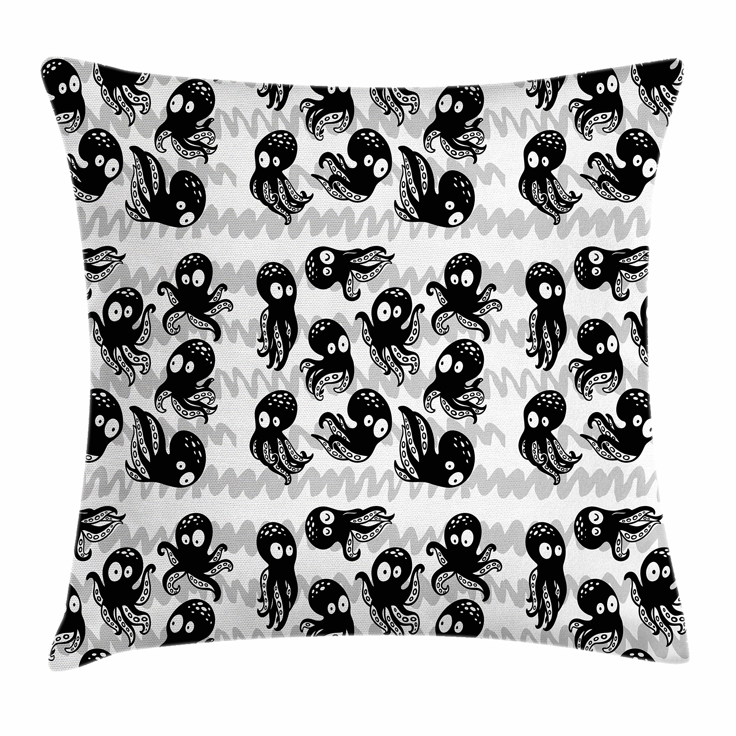 Ambesonne Octopus Throw Pillow Cover 20x20 Inches - Cartoon Ocean Animal Design with Sleepy & Curious Expressions, Black Grey White Zigzag Pattern - Perfect for Living Room, Bedroom Decor & Coastal Theme Home Accessories
