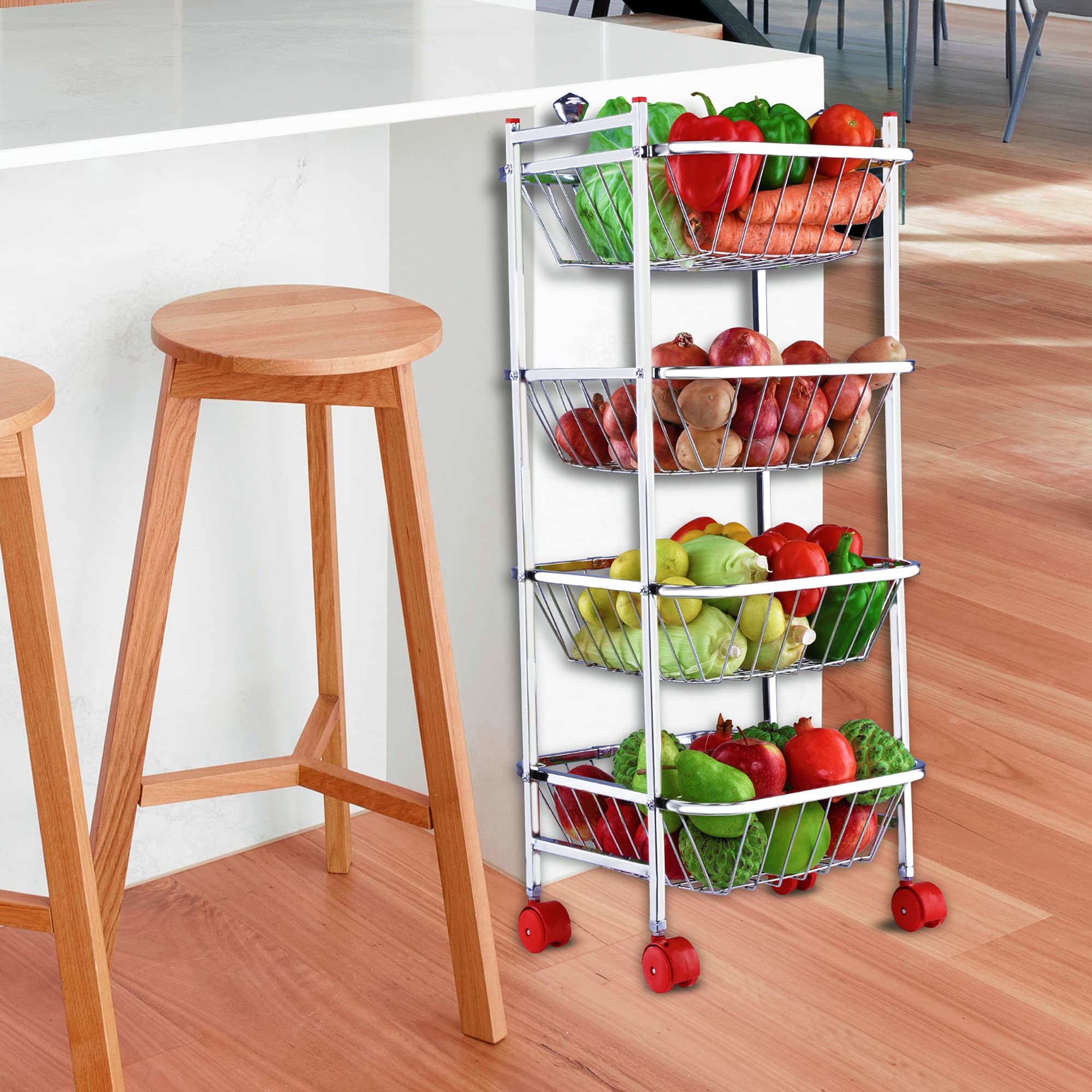 LiMETRO 4-Tier Stainless Steel Kitchen Cart - Vegetable & Fruit Storage Basket Organizer for Onions, Potatoes, Pantry - Space Saving Rolling Trolley for Kitchen, Dining Room, Supermarket, Restaurant