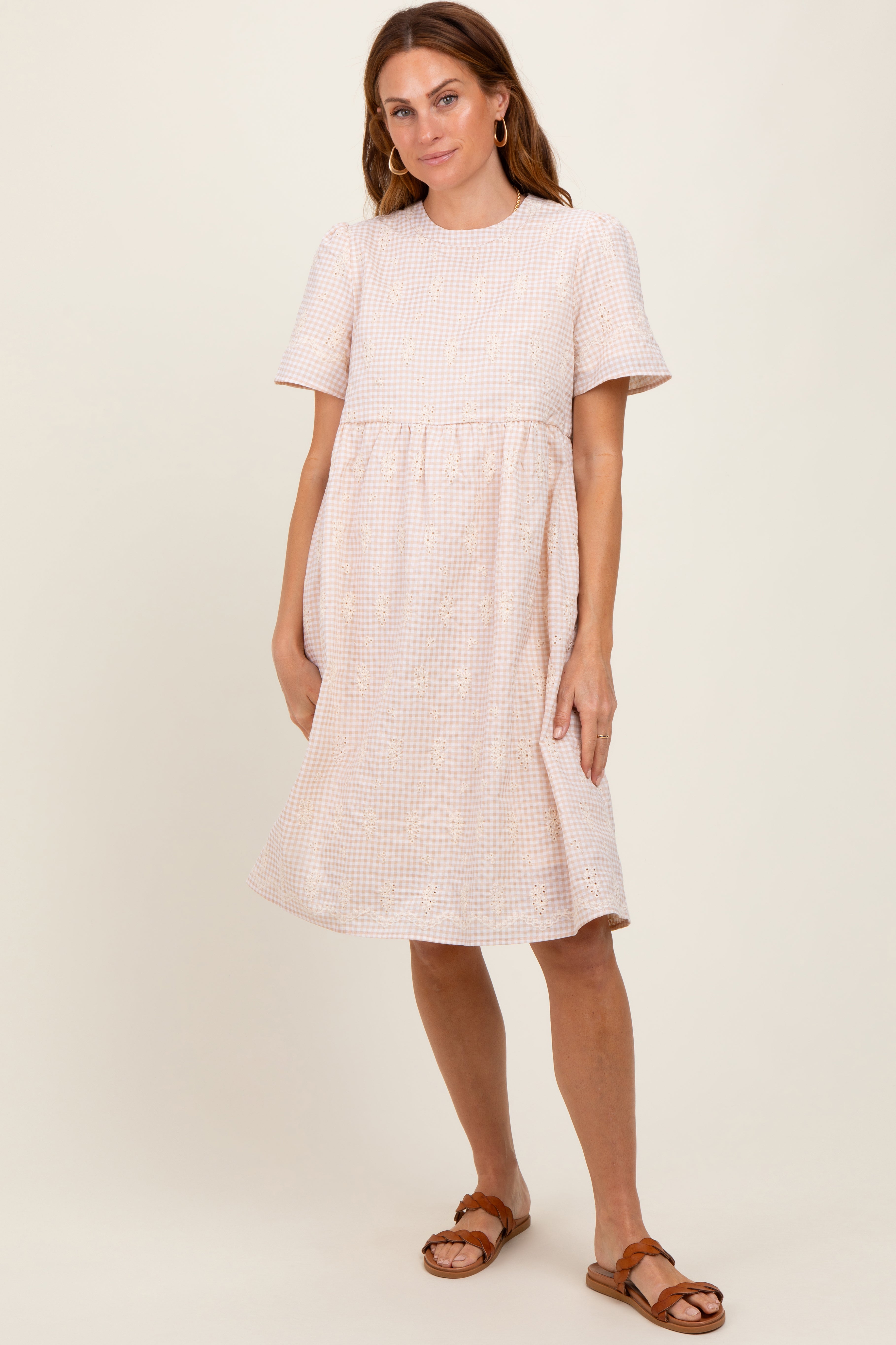 Beige Gingham Short Sleeve Maternity Dress for Women - Comfortable Pregnancy Outfit for Summer, Baby Shower & Photoshoots
