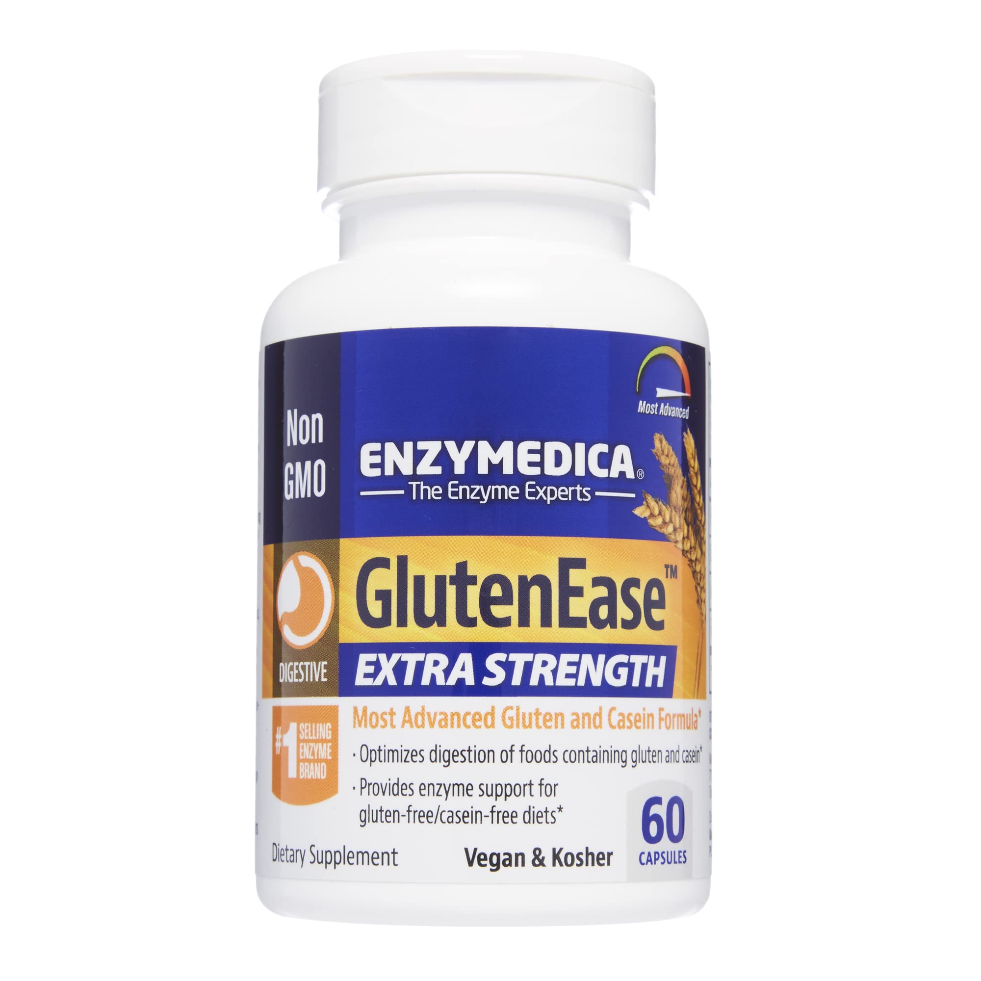 Enzymedica GlutenEase Extra Strength Digestive Enzyme Supplement - 60 Capsules for Gluten & Dairy Digestion - Supports Comfort After Meals for Sensitive Stomachs