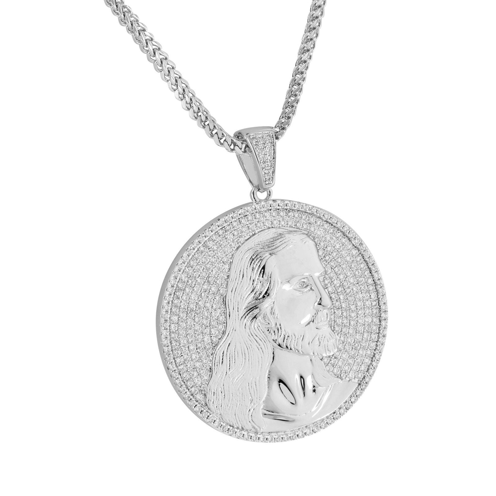 Jesus Christ Round Charm Pendant Necklace Set - 14k White Gold Plated Religious Jewelry - Perfect for Baptism, Confirmation & Christian Gifts