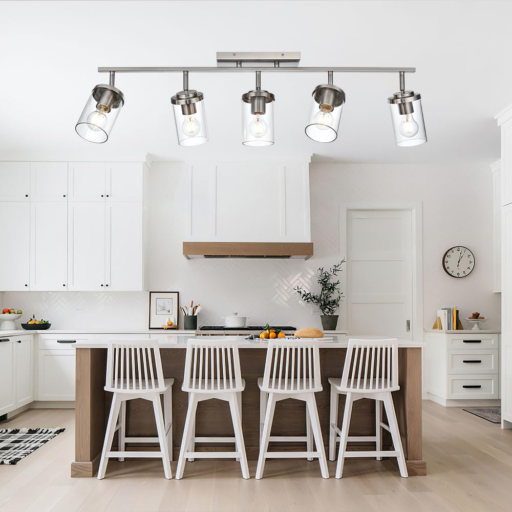 BONLICHT Modern 5-Light Brushed Nickel Track Lighting Fixture - Flush Mount Ceiling Light for Kitchen, Bathroom, Living Room - Industrial Style Spot Lights with Clear Glass Shade - Perfect for Home, Office, Restaurant Lighting