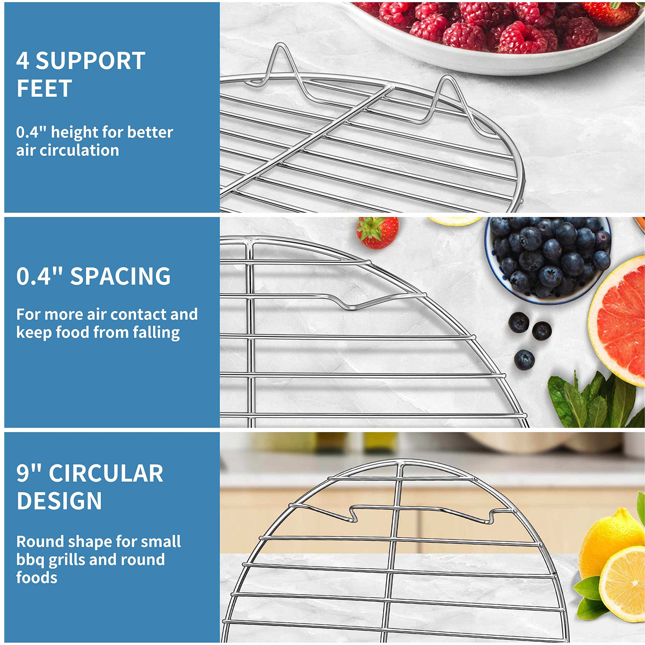 Herogo 9 Inch Stainless Steel Round Cooling Rack - Set of 2 for Baking, Cooking, Grilling & Steaming - Fits Stockpot, Air Fryer & Canning - Oven & Dishwasher Safe with Smooth Edges - Perfect for Cookies, Cakes, Roasts & Meal Prep