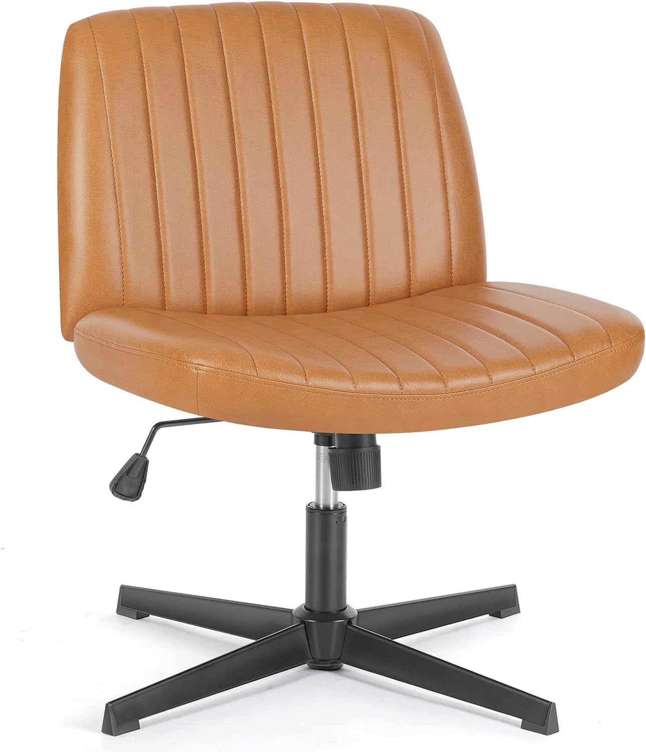 DUMOS Cross Legged Office Chair - Armless Wide Desk Chair No Wheels, Adjustable Swivel Leather Vanity Chair for Home Office & Study - Modern Brown Seat for Working, Reading & Relaxing