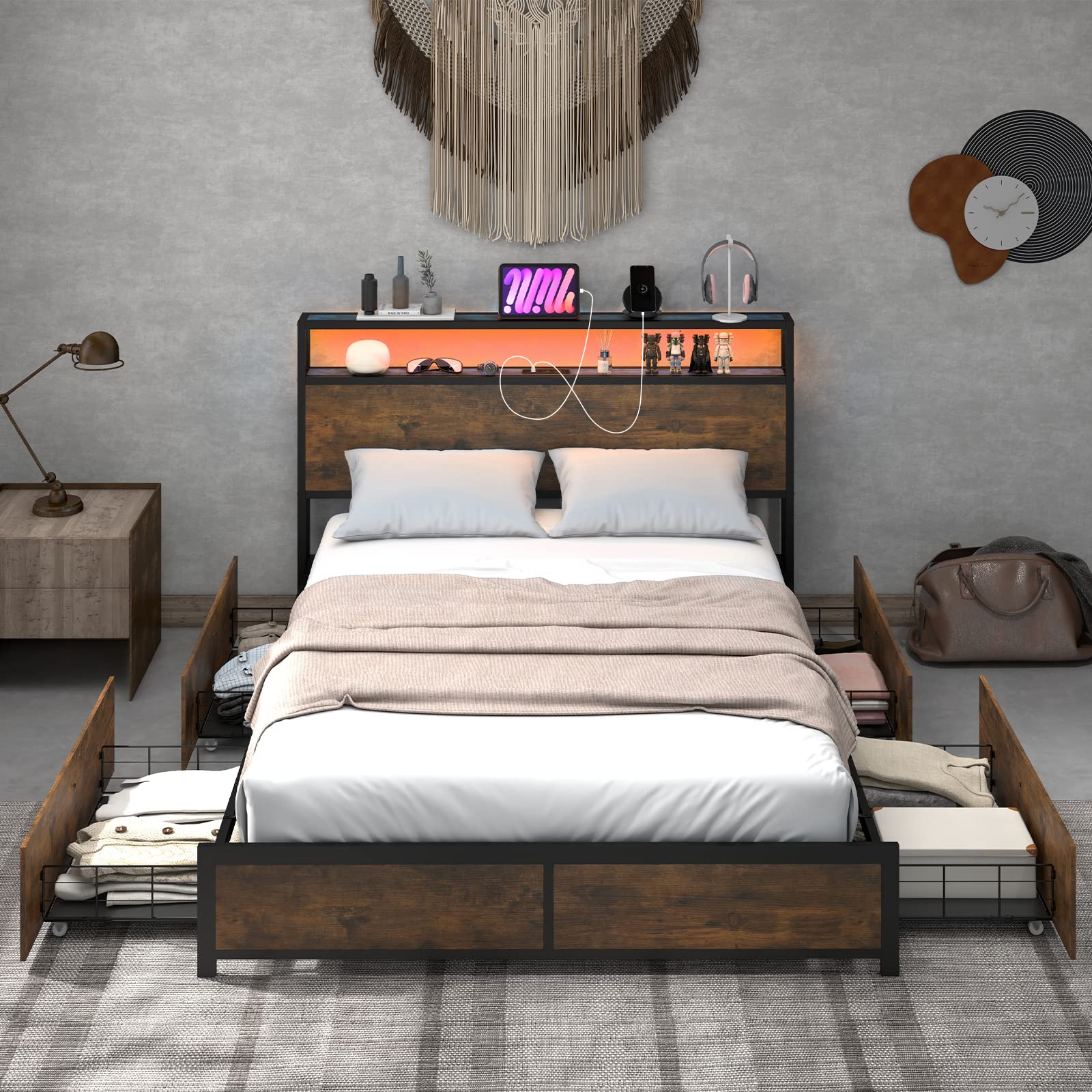 Giantex Full Size LED Bed Frame with USB Charging Station & Storage Drawers - Modern Metal Platform Bed with Outlet & Smart Lighting - Perfect for Small Apartments, Dorms & Smart Homes (No Box Spring Needed, Easy Assembly)