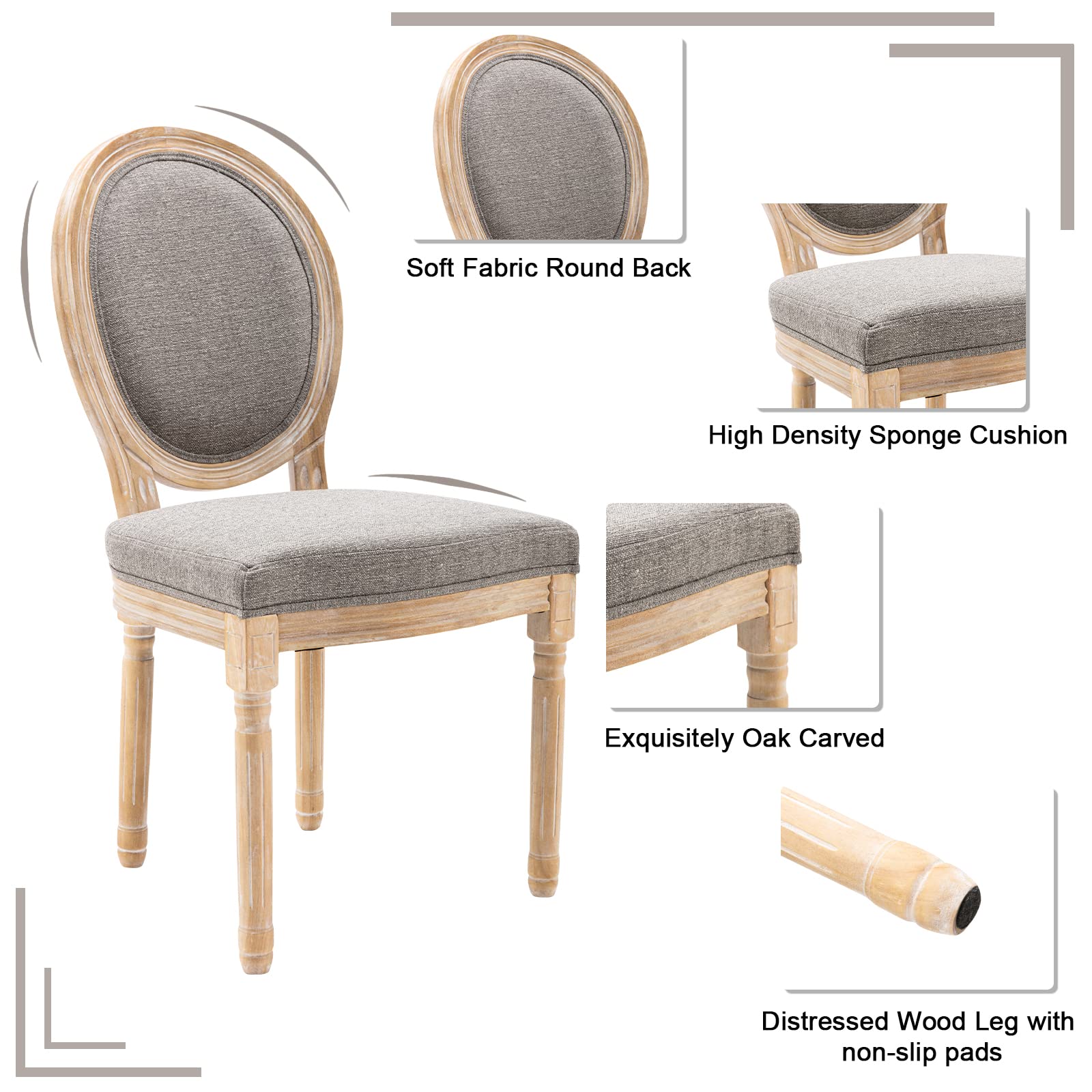 Vintage French Farmhouse Dining Chairs Set of 2 - Upholstered Linen Kitchen Chairs with Round Back & Solid Wood Frame - Gray Distressed Side Chairs for Dining Room, Kitchen, Living Room & Breakfast Nook