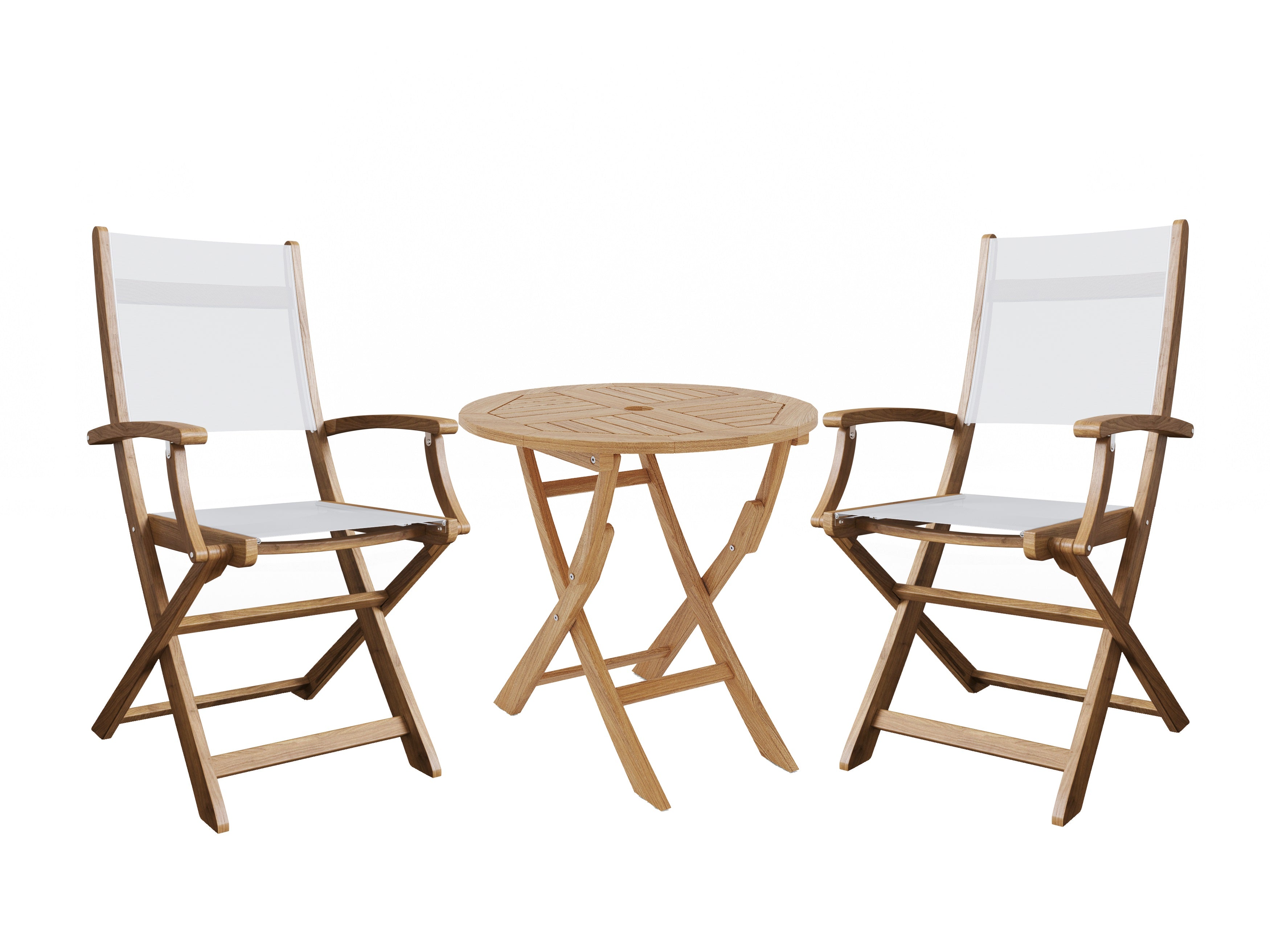 Lucas 3-Piece White Teak Outdoor Bistro Set with Folding Table & Armchairs - Perfect for Patio, Garden, and Small Balcony Dining