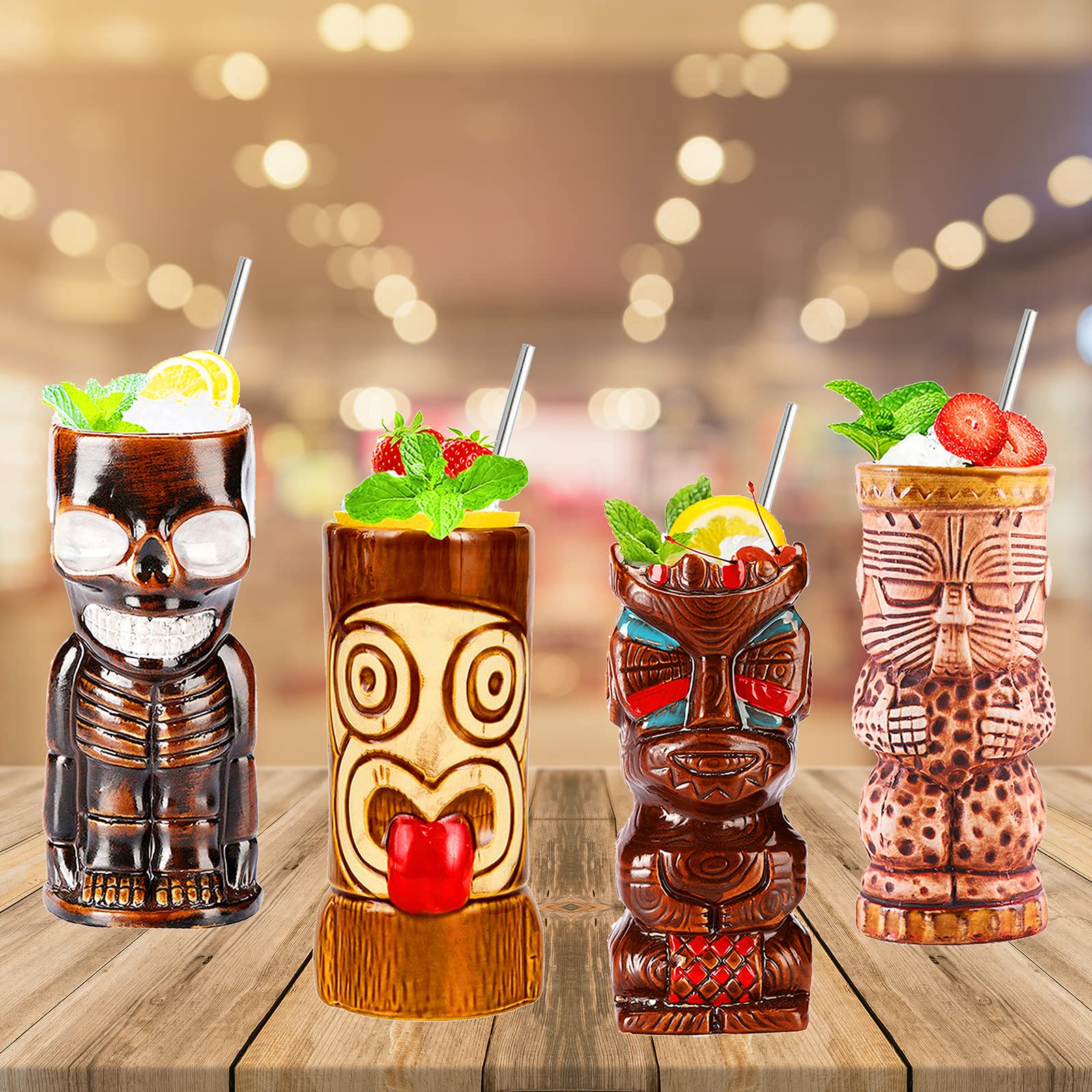 Premium 8-Piece Tiki Bar Glasses Set - Exotic Cocktail Mugs for Tropical Drinks, Hawaiian Themed Party Cups - Perfect for Luau Parties, Beach Bars & Summer Entertaining