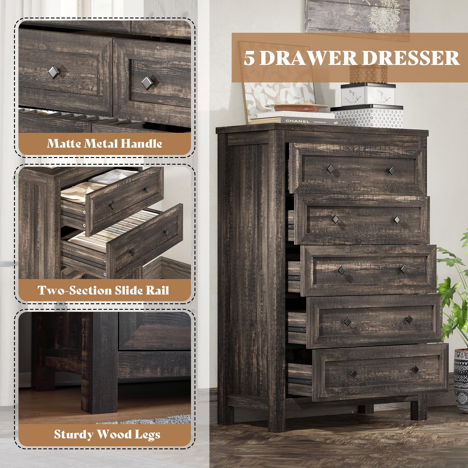 AMERLIFE Queen Bed Frame with LED Bookcase Headboard & 4 Under-Bed Drawers, 2-Piece Bedroom Set with Tall 5-Drawer Farmhouse Dresser, Dark Oak - Perfect for Modern Farmhouse, Apartment & Guest Room Decor