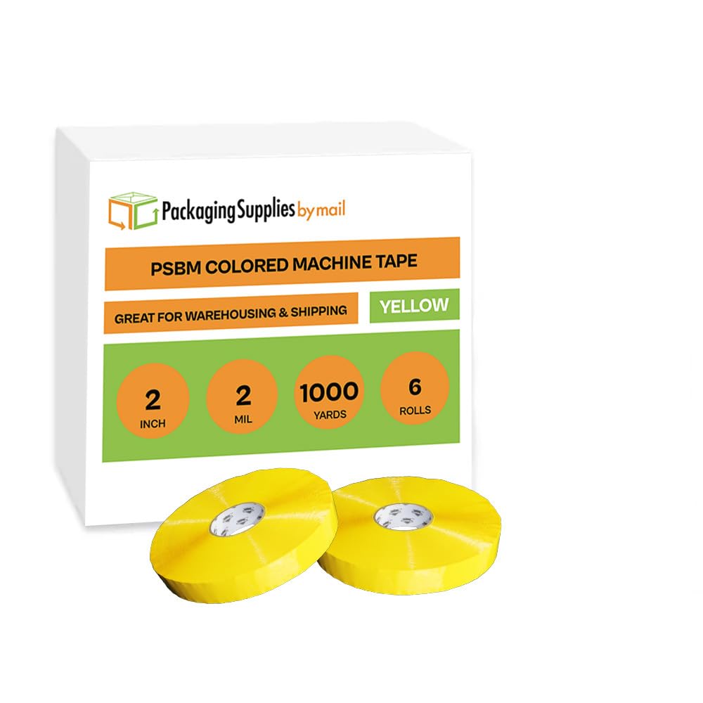 PSBM Yellow Packing Tape for Machine Dispensers - 2 Inch x 1000 Yards, 6 Pack - Colored Packaging Tape for Electronic Tape Dispenser Refill - Heavy Duty Commercial & Industrial Shipping Tape - Perfect for Warehouse, Logistics, and E-commerce Packaging