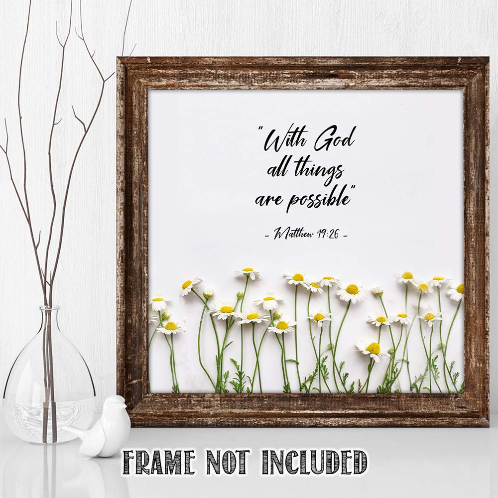 TJ Originals - Matthew 19:26 Bible Verse Wall Art - 'With God All Things Are Possible' Christian Scripture Print - 11x14 Inspirational Home Decor - Perfect Gift for Family, Friends & Women (White Daisies Design) - Ideal for Living Room, Bedroom, Office & Church Decorations