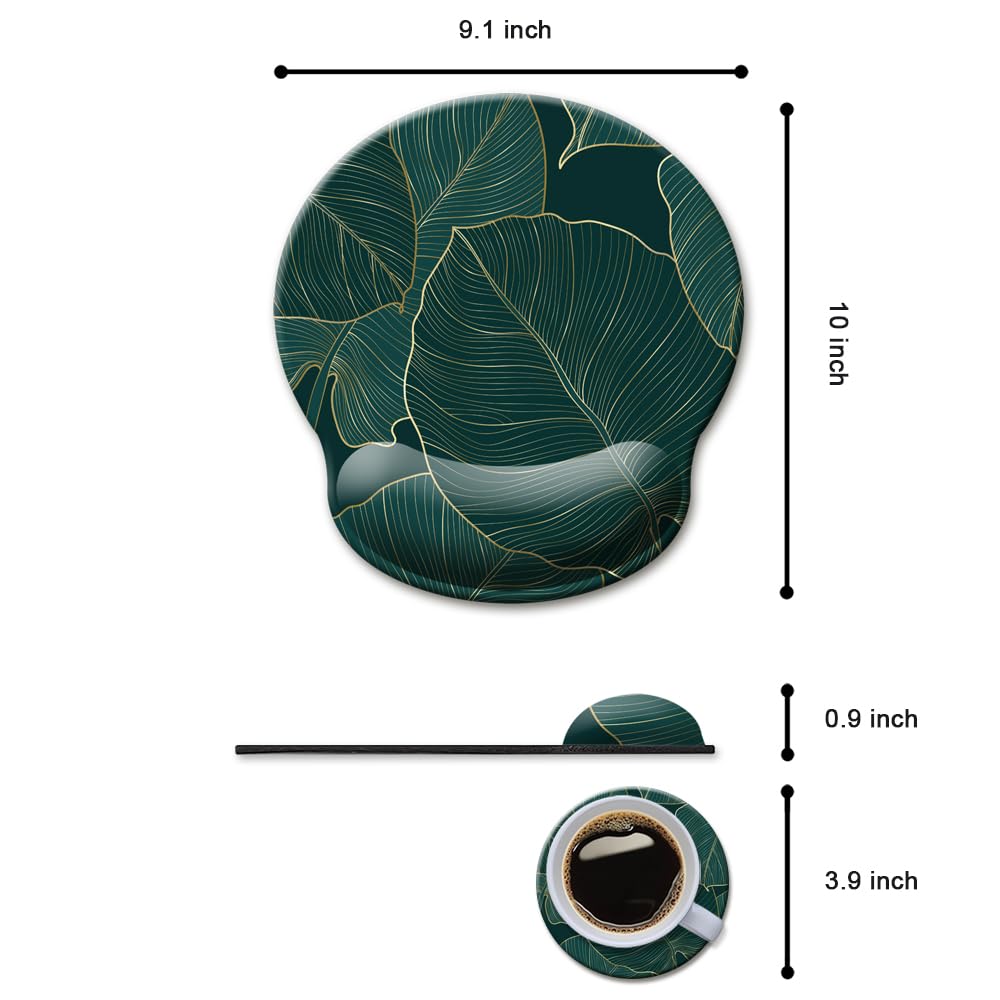 Ergonomic Mouse Pad with Wrist Support - Gel Cushion Wrist Rest for Pain Relief, Non-Slip Rubber Base Computer Mouse Pad for Laptop & PC (Green Leaves Design) - Perfect for Office, Gaming & Long Computer Work Sessions