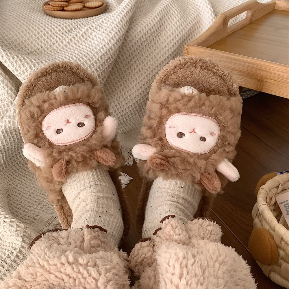 Women's Kawaii Little Sheep Fuzzy Fluffy House Slippers - Soft Warm Indoor Slippers for Home, Lounge & Winter Comfort