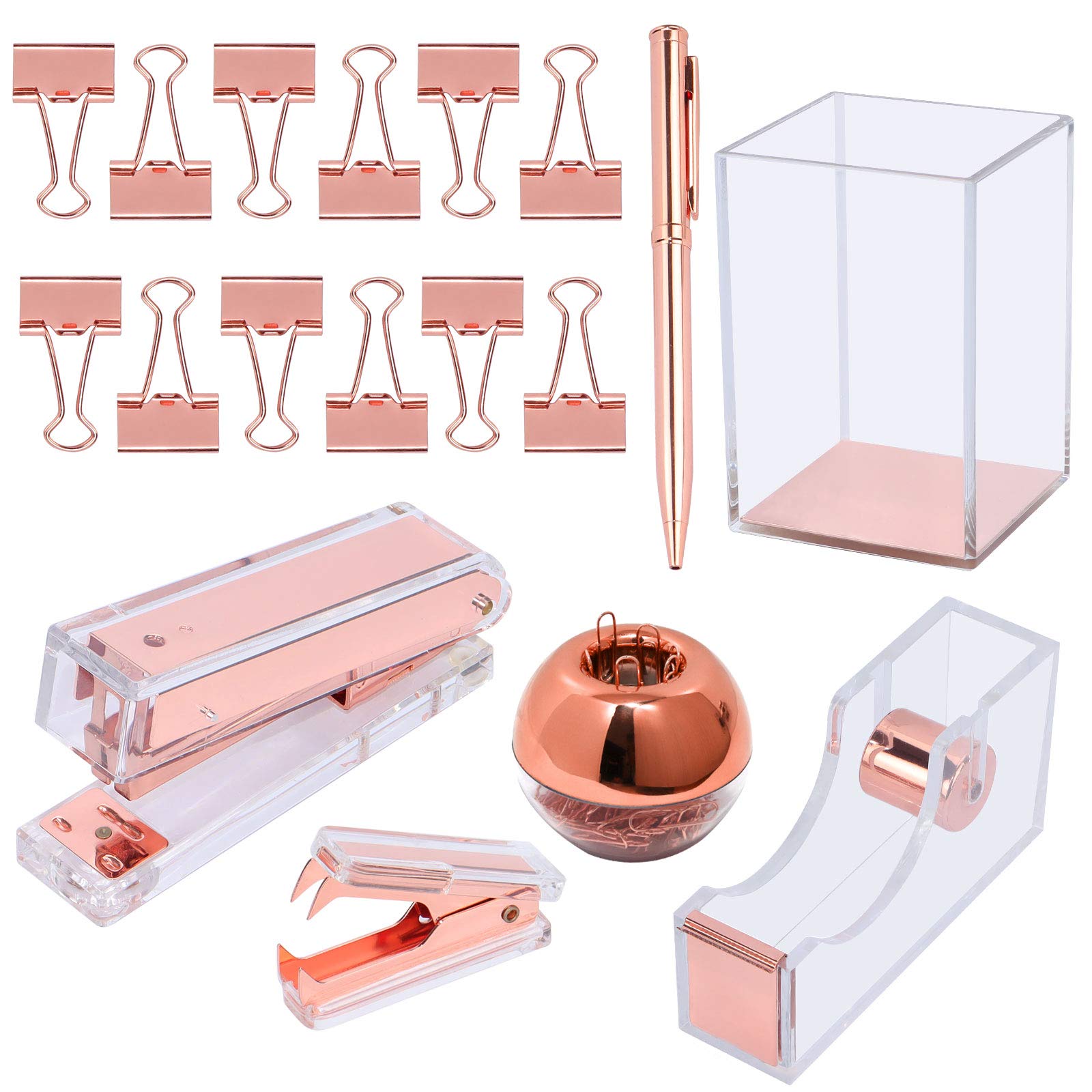 Clear Rose Gold Acrylic Desk Organizer Set - Stapler, Tape Dispenser, Pen Cup, Paper Clip Holder & Office Supplies | Stylish Workspace Accessories for Home & Office Organization