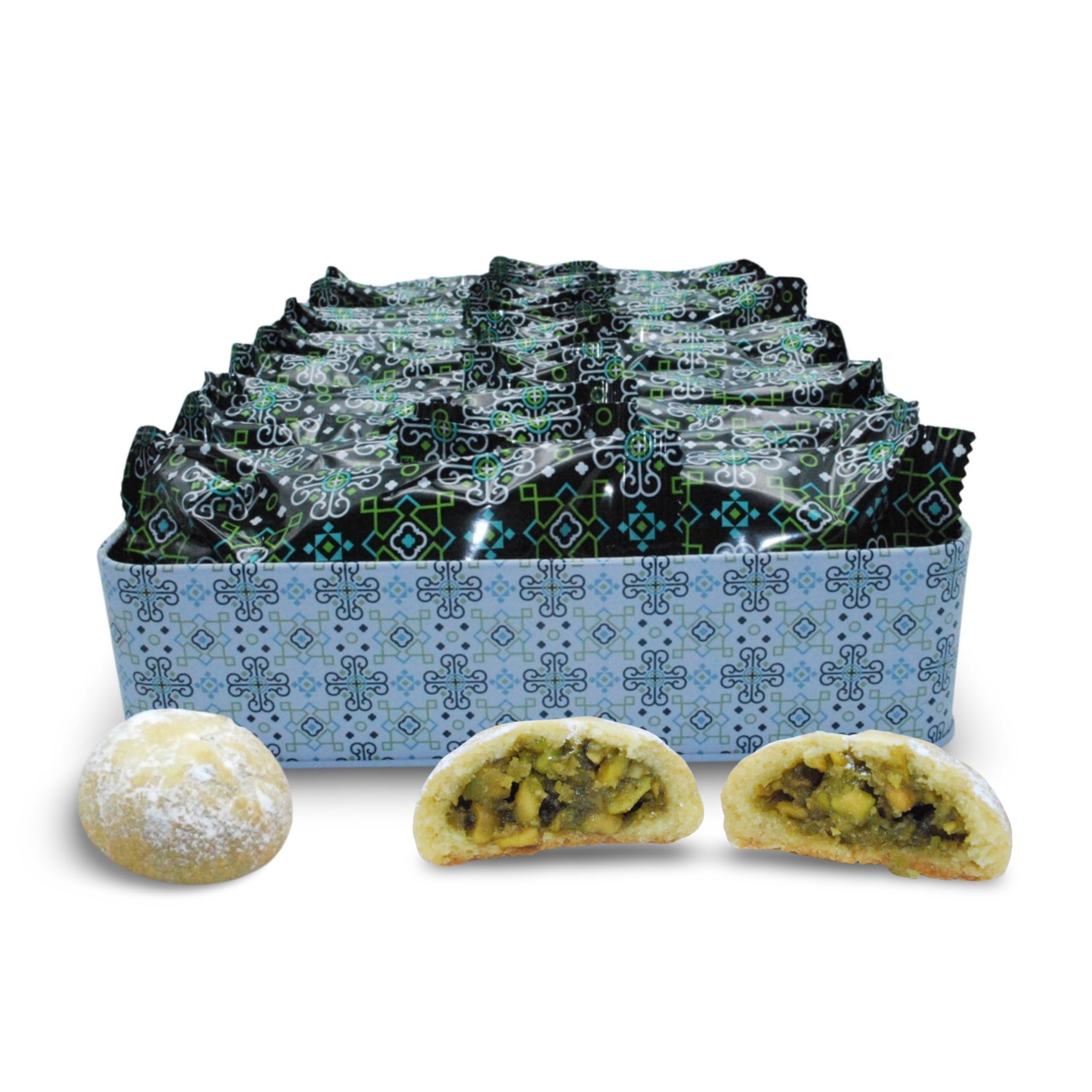 Premium Al Bohsali Maamoul Pistachio Filled Shortbread Cookies - 24 Individually Wrapped Pouches | Authentic Middle Eastern Dessert for Gifts, Parties & Ramadan Celebrations