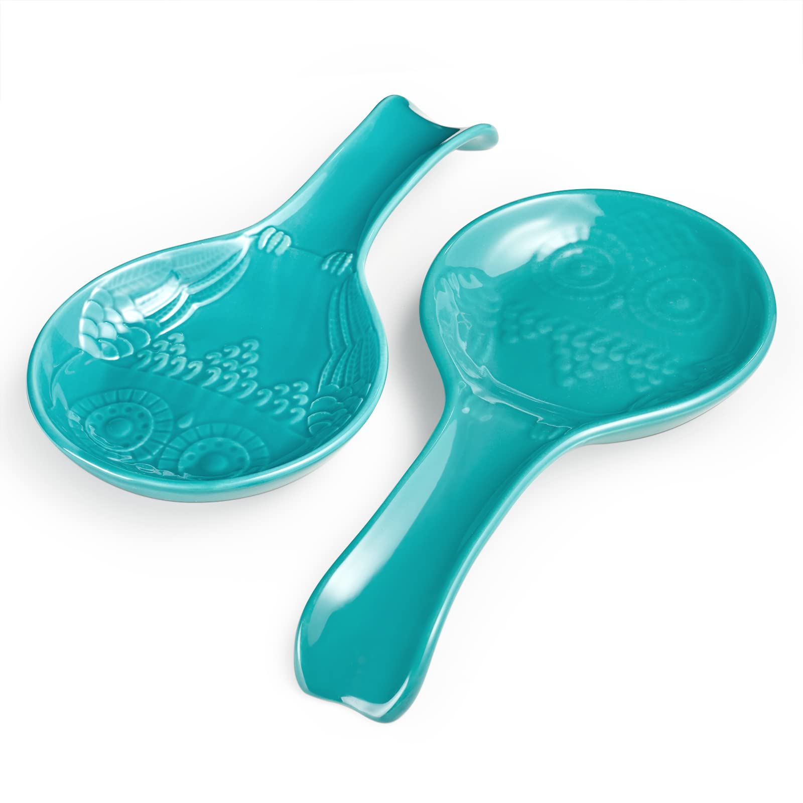 DOWAN 2-Piece Ceramic Spoon Rest Set for Kitchen - 9.5 Inch Porcelain Stovetop Spoon Holder, Farmhouse Decor in Turquoise Owl Design, Dishwasher Safe | Perfect for Countertop Organization & Cooking Utensil Storage