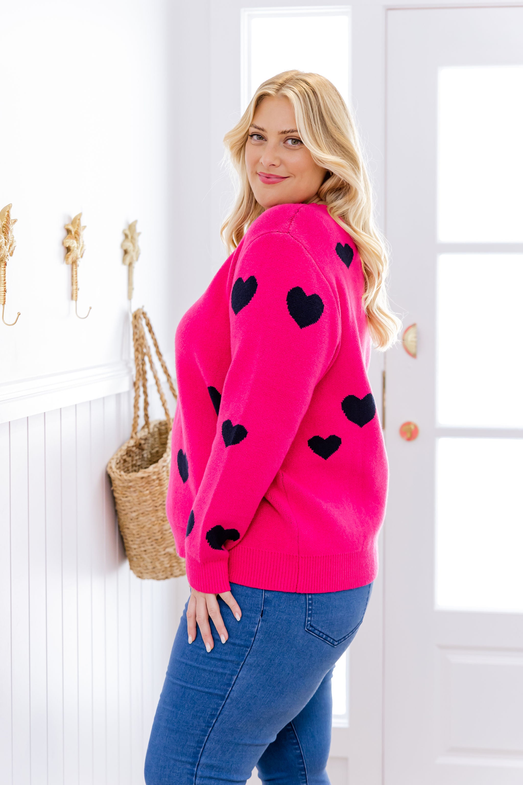 Amor Knit Jumper Women's Pink Sweater with Navy Hearts Design - Perfect for Casual Wear, Date Nights & Cozy Winter Outfits