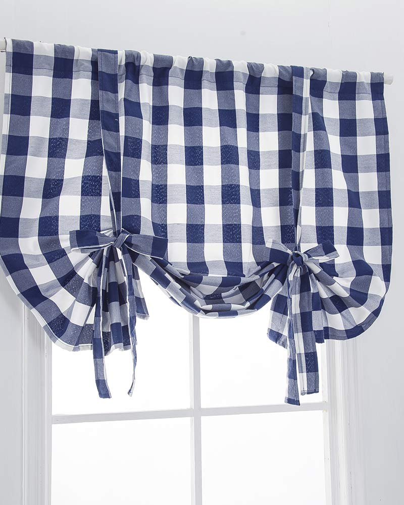 Buffalo Check Thermal Insulated Tie-Up Window Curtains - Plaid Print Roman Shades with Rod Pocket & Balloon Design - Room Darkening Kitchen Valance for Small Windows (31x55 Inches, Blue) - Perfect for Cozy Farmhouse Kitchens, Bedrooms & Living Rooms