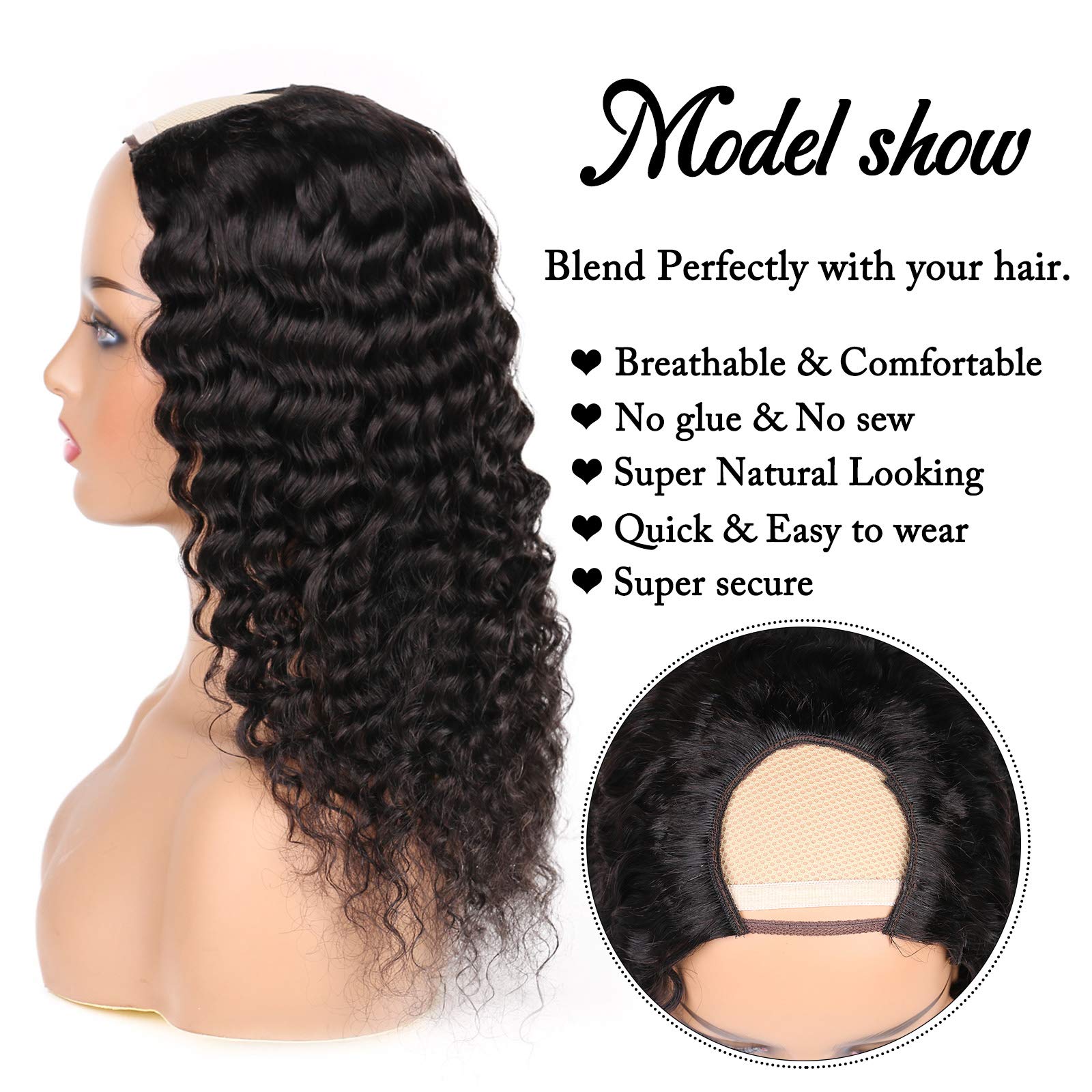 huarisi Deep Wave U Part Human Hair Wigs for Black Women - 150% Density Glueless Brazilian Virgin Hair - Full Head Clip-in Half Wig - U Shape Natural Color 18 inch - Perfect for Daily Wear, Parties & Special Occasions