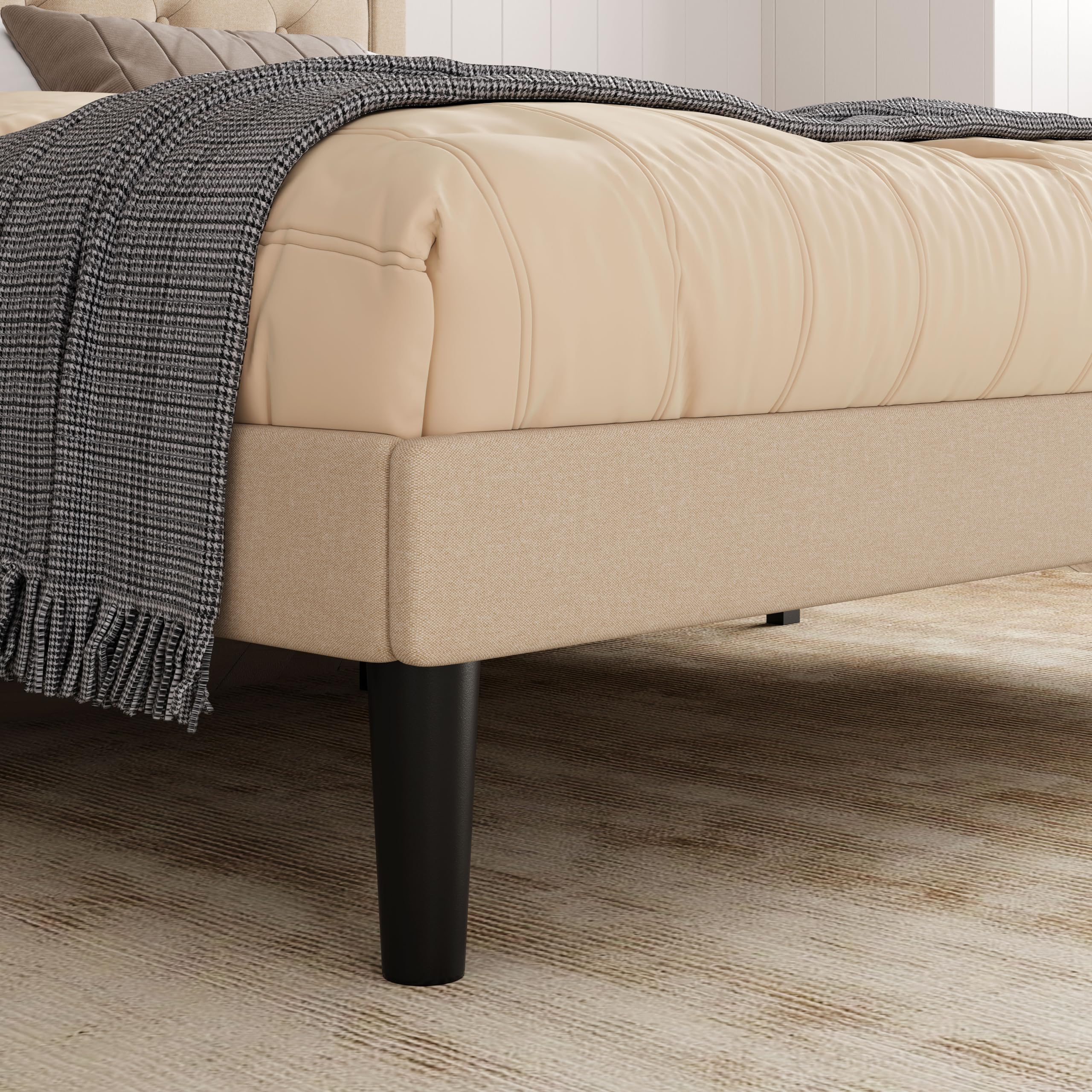 Allewie Full Size Button Tufted Fabric Upholstered Bed Frame with Adjustable Headboard, Wood Slat Support & Mattress Foundation in Beige - Perfect for Master Bedrooms, Guest Rooms & Modern Home Decor