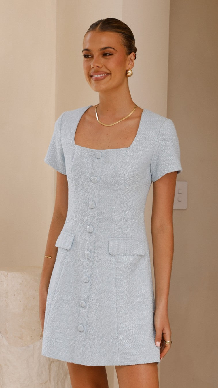 Karen Tweed Mini Dress for Women - Classic Blue A-Line Cocktail Party Dress | Perfect for Office, Date Night & Special Occasions