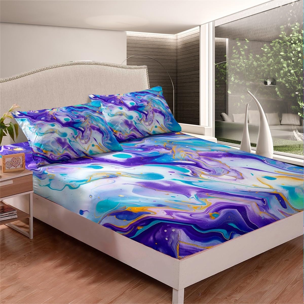Feelyou Twin Size Blue Purple Marble Printed Bed Sheet Set - Soft Luxury Lightweight Fitted Sheets with Modern Abstract Art Design for Kids, Women & Adults - Perfect for Bedroom Decor, Guest Rooms & Dorm Essentials (Teal)