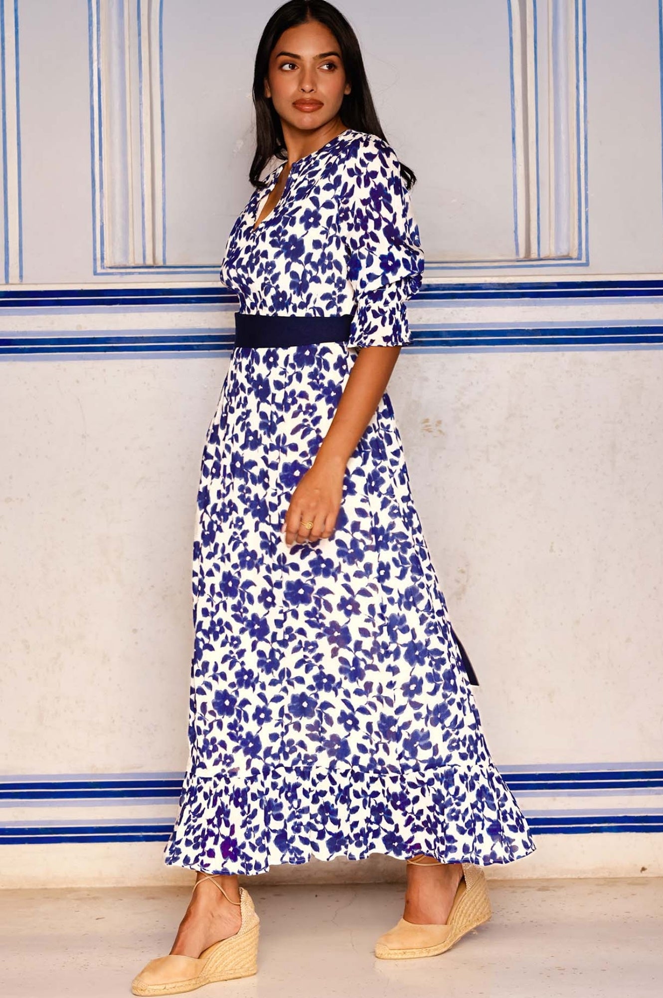 Maeve Georgette Dress - Floral Navy & White Flowy Midi Dress for Women | Perfect for Summer Weddings, Garden Parties & Date Nights