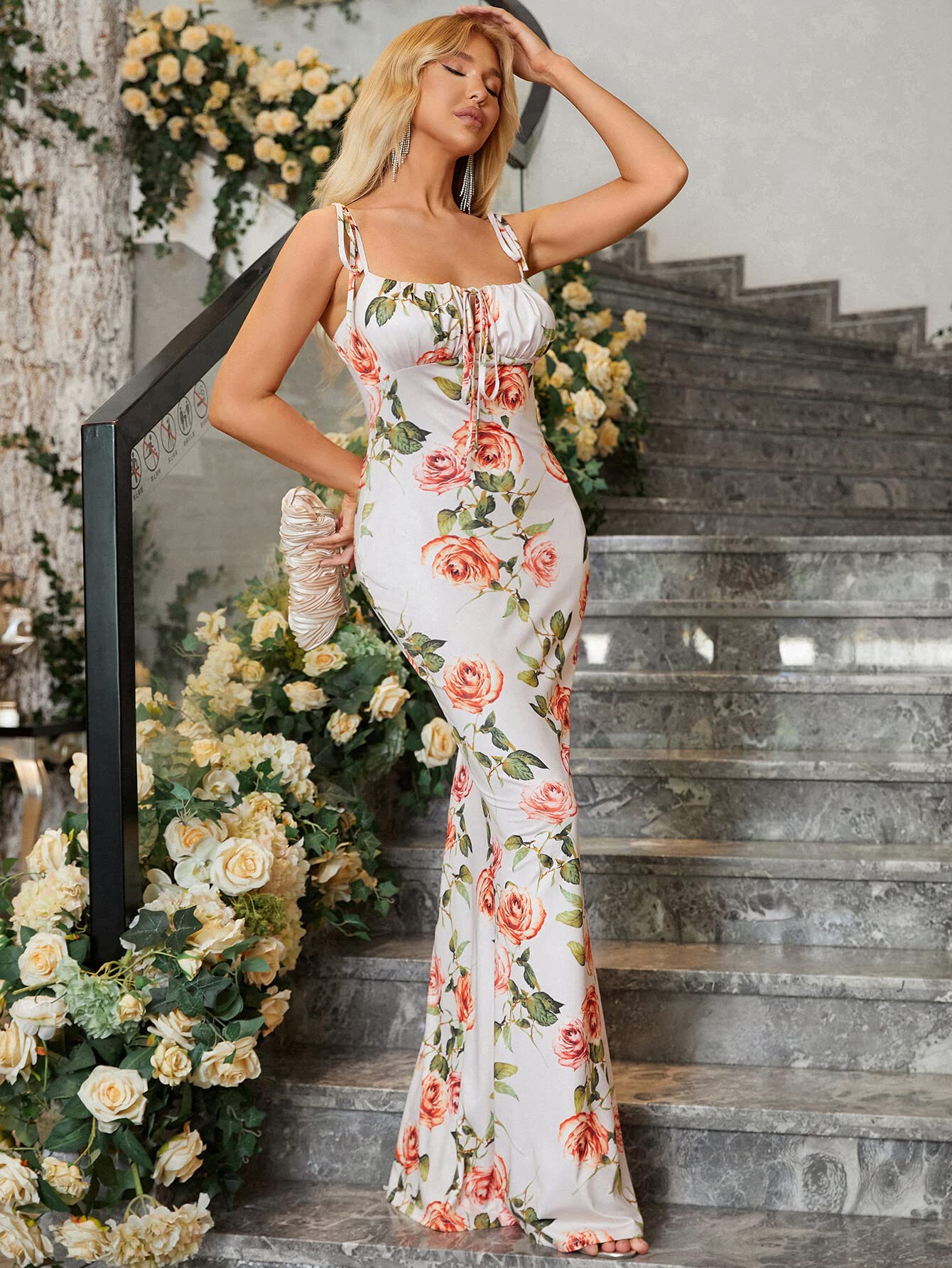 KUTUMAI Women's Floral Print Bodycon Maxi Dress - Spaghetti Strap Sleeveless Boho Long Dress for Summer Beach Vacation, Party & Date Night