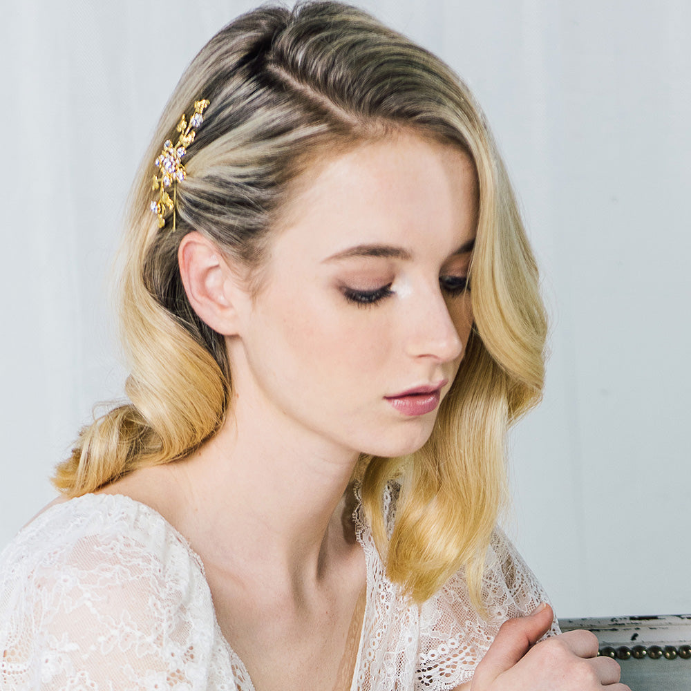 Seren Crystal Blossom Gold Vine Hair Comb - Elegant Bridal Hair Accessory for Weddings, Prom & Special Occasions