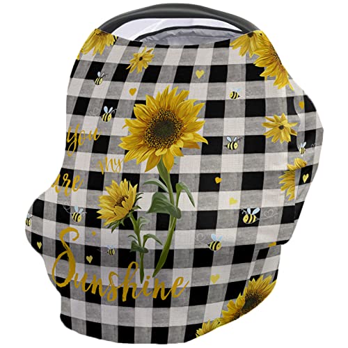 **Baby Car Seat Covers & Nursing Cover - Sunflower Bee Design, Soft Breathable Stretchy Fabric for Boys & Girls - Farmhouse Floral with Black White Plaid - Perfect for Strollers, Car Seats & Breastfeeding On-The-Go**