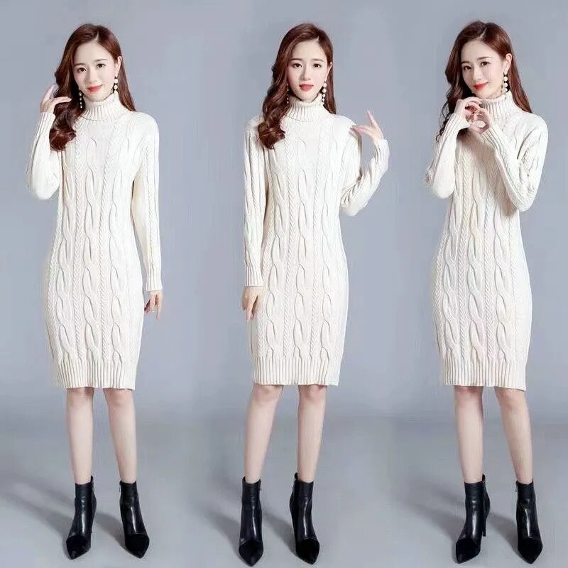 Women's Solid Color Turtleneck Knit Sweater Dress - Warm Winter Pullover Dress for Casual Outings & Office Wear