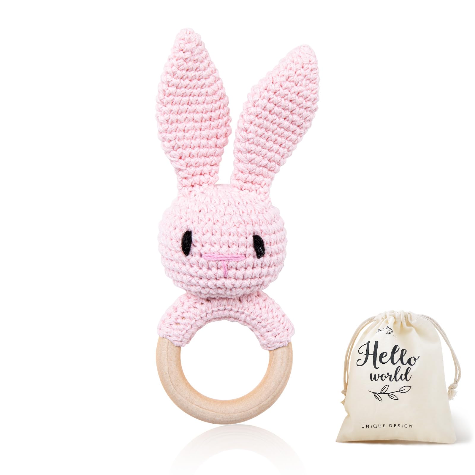 Wooden Baby Rattle for Toddlers - Handmade Crochet Pink Bunny Ring Rattle Toy | Safe & Natural Newborn Infant Toy | Perfect for Teething, Sensory Play & Early Childhood Development