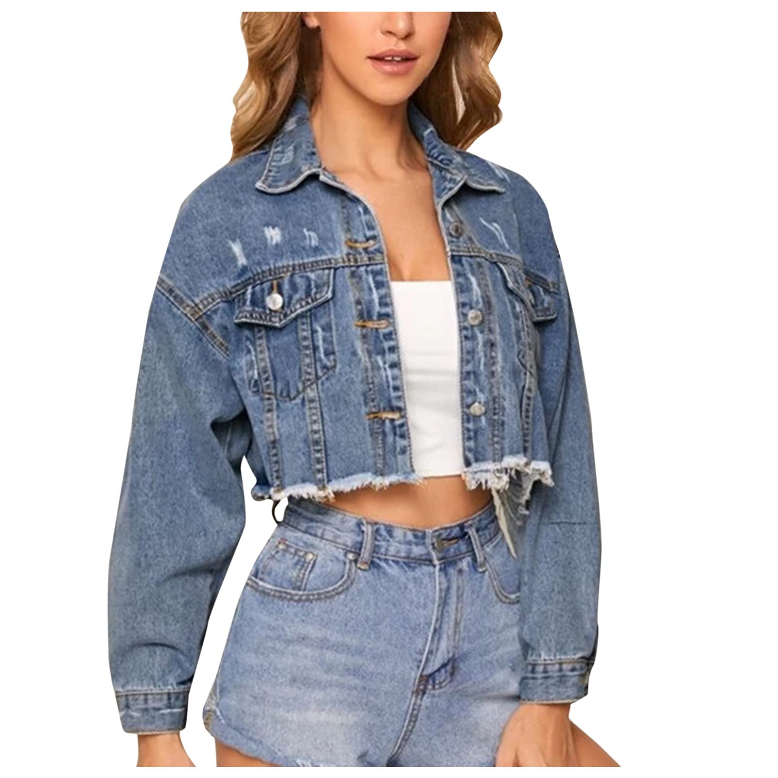 Cute Cropped Denim Jacket for Teen Girls - Vintage Washed Classic Jean Jacket for Women | School Style, Casual Outfits & Streetwear Fashion