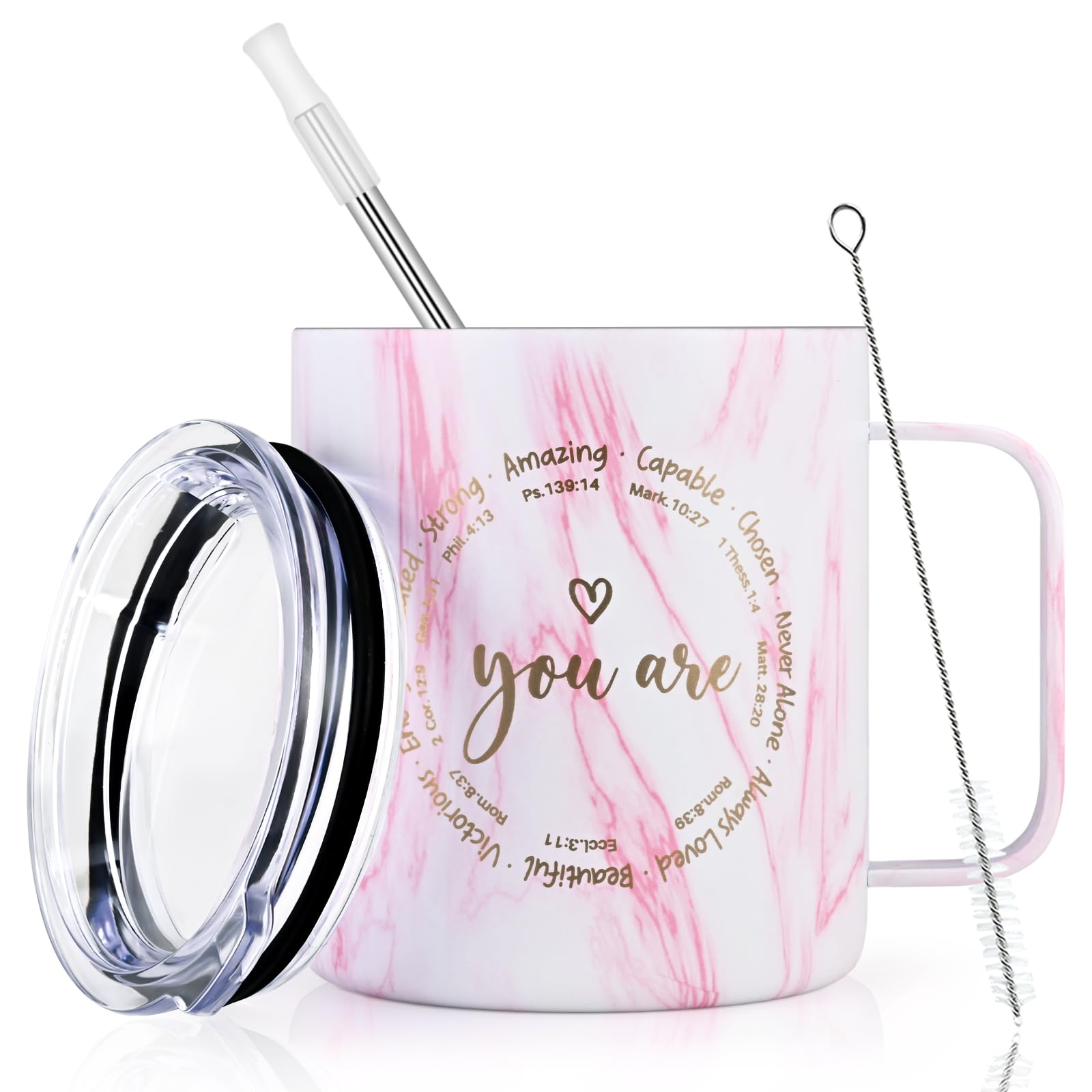 12oz Insulated Christian Coffee Mug with Bible Verse - Inspirational Religious Gift for Women, Mom, Sister & Friends - Pink Marble Design - Perfect for Church, Bible Study & Daily Devotion