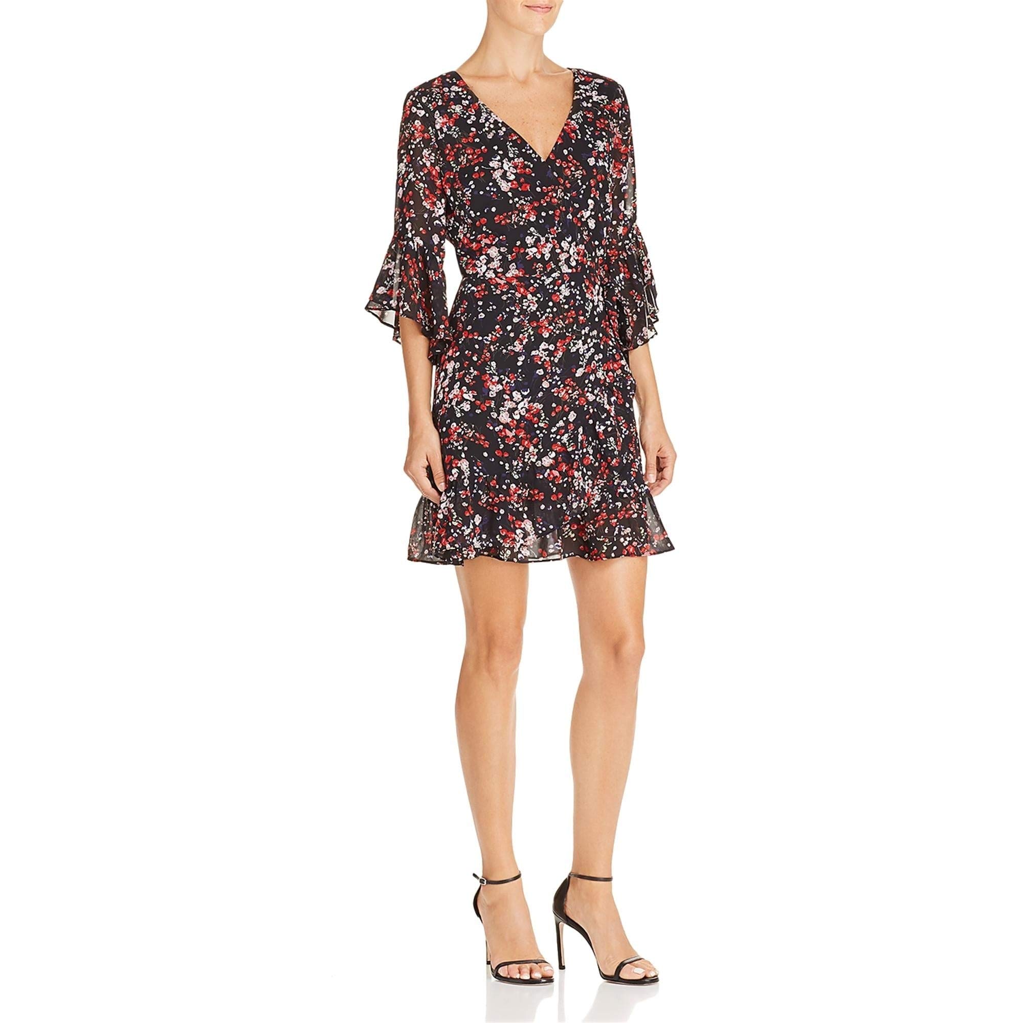 Women's Floral Print Wrap Dress with Bell Sleeves - Black XS | Elegant Summer Outfit for Parties, Weddings & Date Nights